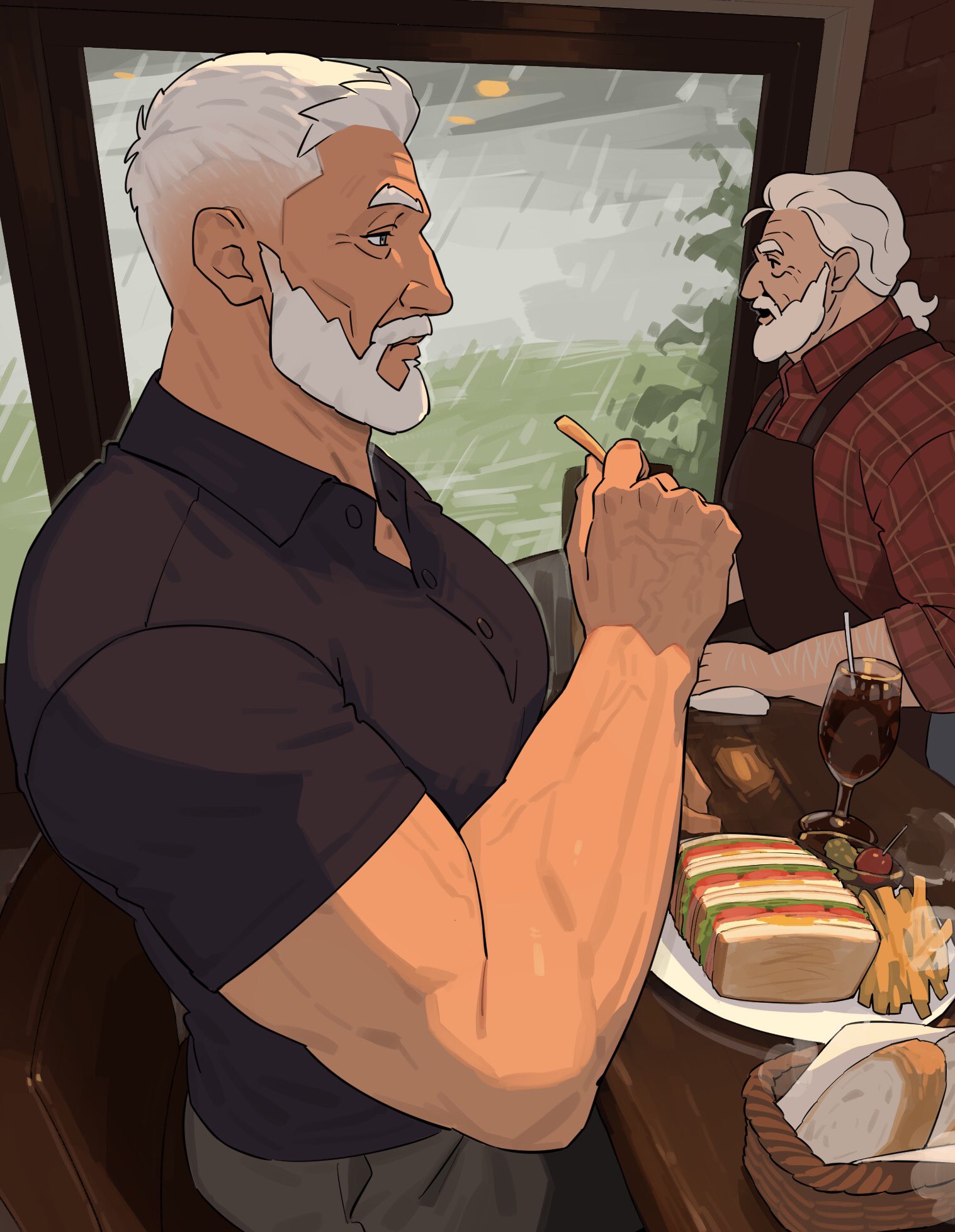 sa1k0p, original, highres, 2boys, apron, basket, beard, black shirt, blue eyes, bread, brown apron, brown pants, chair, checkered clothes, checkered shirt, collared shirt, cup, drinking glass, facial hair, food, french fries, from side, full beard, holding, holding food, indoors, landscape, male focus, manly, mature male, multiple boys, muscular, muscular male, old, old man, on chair, pants, plate, ponytail, rain, red shirt, sandwich, shirt, short hair, short ponytail, sitting, soda, steaming food, table, white hair, window