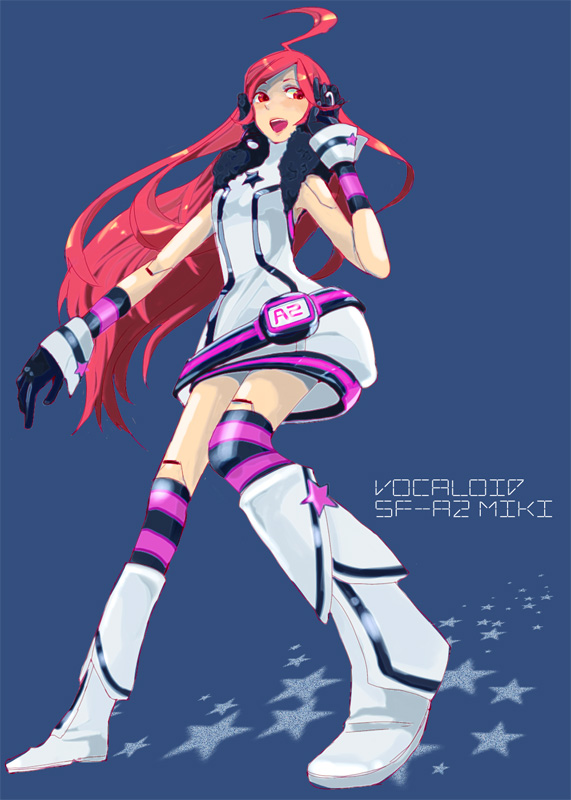 yuzuhara moke, sf-a2 miki, vocaloid, bad id, bad pixiv id, 1girl, ahoge, android, belt, boots, dress, female focus, full body, gloves, headphones, headset, joints, kneehighs, red eyes, red hair, robot joints, smile, socks, solo, star (symbol), striped clothes, striped gloves, striped socks, wrist cuffs