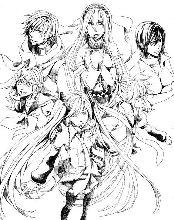ariko (artist), ariko k, hatsune miku, kagamine len, kagamine rin, kaito (vocaloid), megurine luka, meiko (vocaloid), vocaloid, bad id, bad pixiv id, 2boys, 4girls, detached sleeves, everyone, greyscale, hair ornament, hair ribbon, hairclip, long hair, monochrome, multiple boys, multiple girls, necktie, ribbon, scarf, short hair, simple background, skirt, smile, thighhighs, twintails