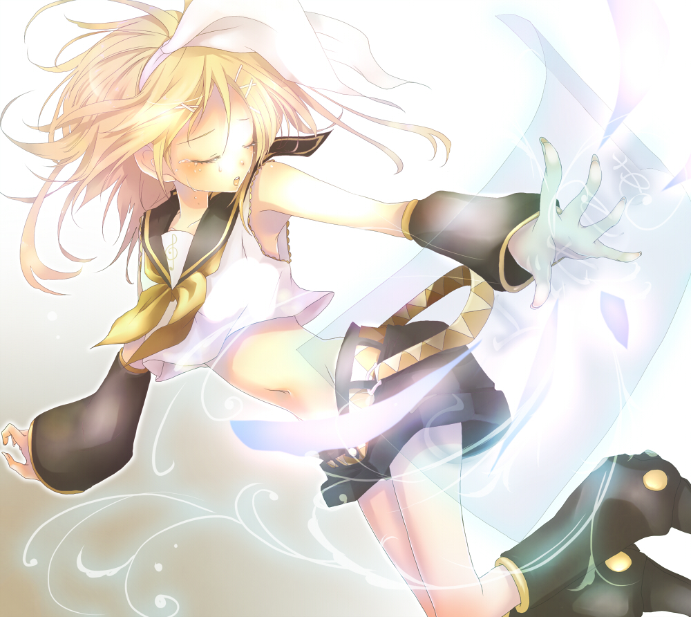 plastick, kagamine rin, kokoro (vocaloid), vocaloid, 1girl, blonde hair, closed eyes, female focus, gradient background, hair ornament, hair ribbon, hairclip, midriff, navel, ribbon, short hair, short shorts, shorts, solo, tears