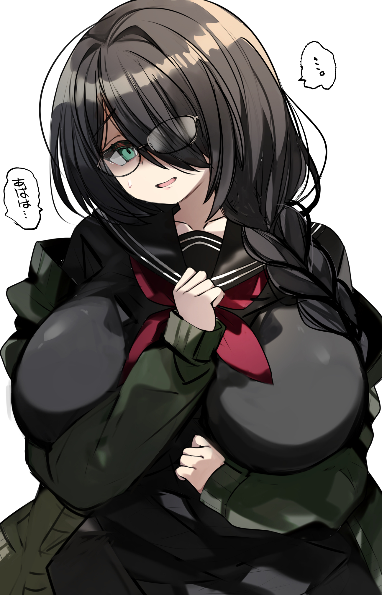 urabanasimati, kanoto kaoru, indie virtual youtuber, highres, 1girl, arm between breasts, arm under breasts, between breasts, black collar, black hair, black serafuku, black shirt, braid, breasts, collar, glasses, green eyes, green jacket, green sleeves, hair intakes, hair over one eye, jacket, large breasts, long hair, long sleeves, looking at viewer, neckerchief, open mouth, red neckerchief, school uniform, serafuku, shirt, simple background, single braid, solo, speech bubble, sweat, upper body, virtual youtuber, white background