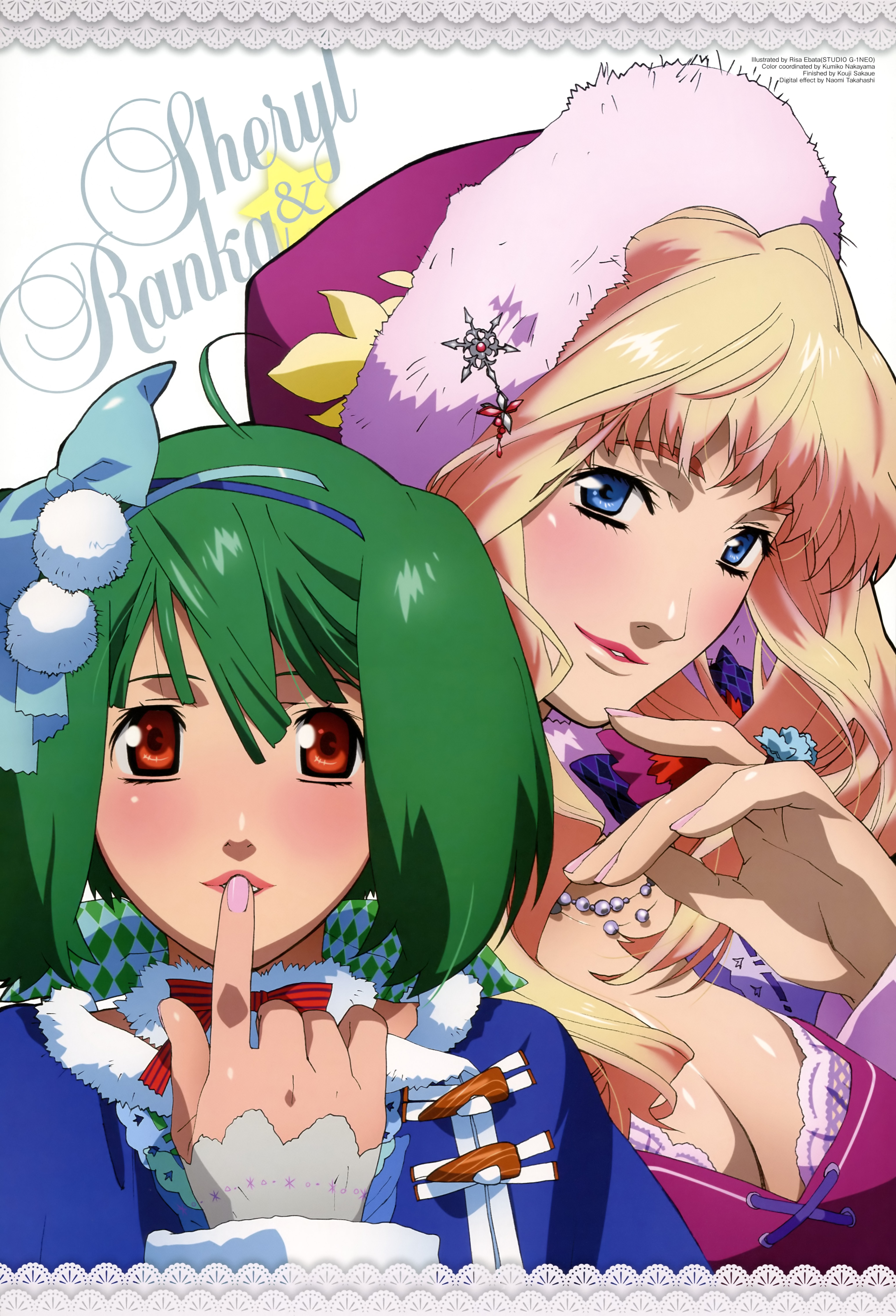 ebata risa, ranka lee, sheryl nome, macross, macross frontier, absurdres, highres, scan, 00s, 2girls, alternate costume, blonde hair, blue eyes, breasts, christmas, cleavage, fingernails, green hair, hairband, hat, jewelry, large breasts, lips, multiple girls, nail polish, necklace, pink nails, red eyes, ring