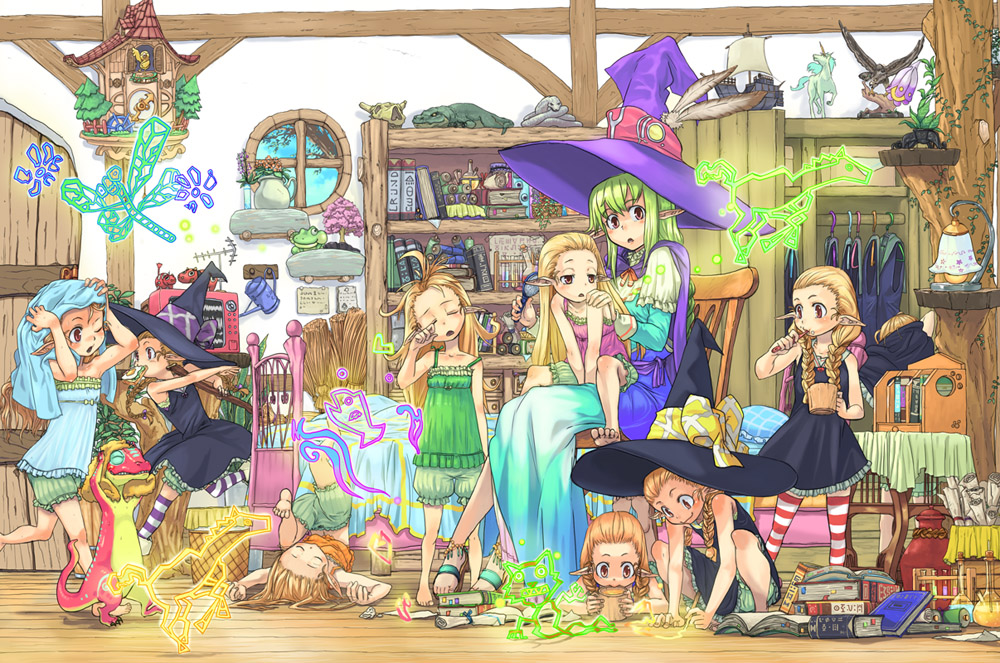 ponzu (catponz), original, minimized, striped legwear, 6+girls, absurdly detailed composition, animal, barefoot, blonde hair, blush, book, braid, brushing teeth, child, clone, dressing, drying, drying hair, fantasy, frills, green hair, hat, lizard, loaded interior, long hair, magic, messy hair, multiple girls, pointy ears, sleepy, striped clothes, striped thighhighs, television, thighhighs, toothbrush, towel, twin braids, witch, witch hat