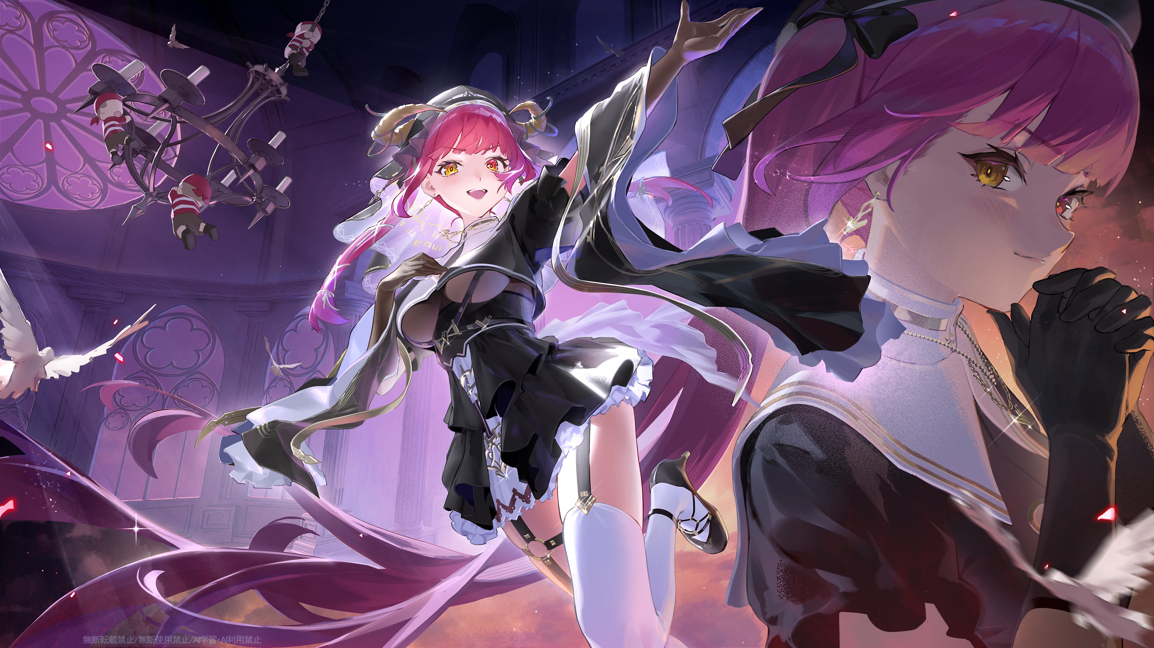 rasa k, houshou marine, houshou marine (ahoy!! you're all pirates), hololive, absurdres, highres, 1girl, black bodysuit, black gloves, black shirt, black shoes, black skirt, bodysuit, closed mouth, demon horns, frilled skirt, frills, gloves, heterochromia, high heels, horns, long hair, looking at viewer, nun headdress, official alternate costume, open mouth, own hands together, red eyes, red hair, shirt, shoes, skirt, smile, solo, thighhighs, very long hair, virtual youtuber, white thighhighs, yellow eyes