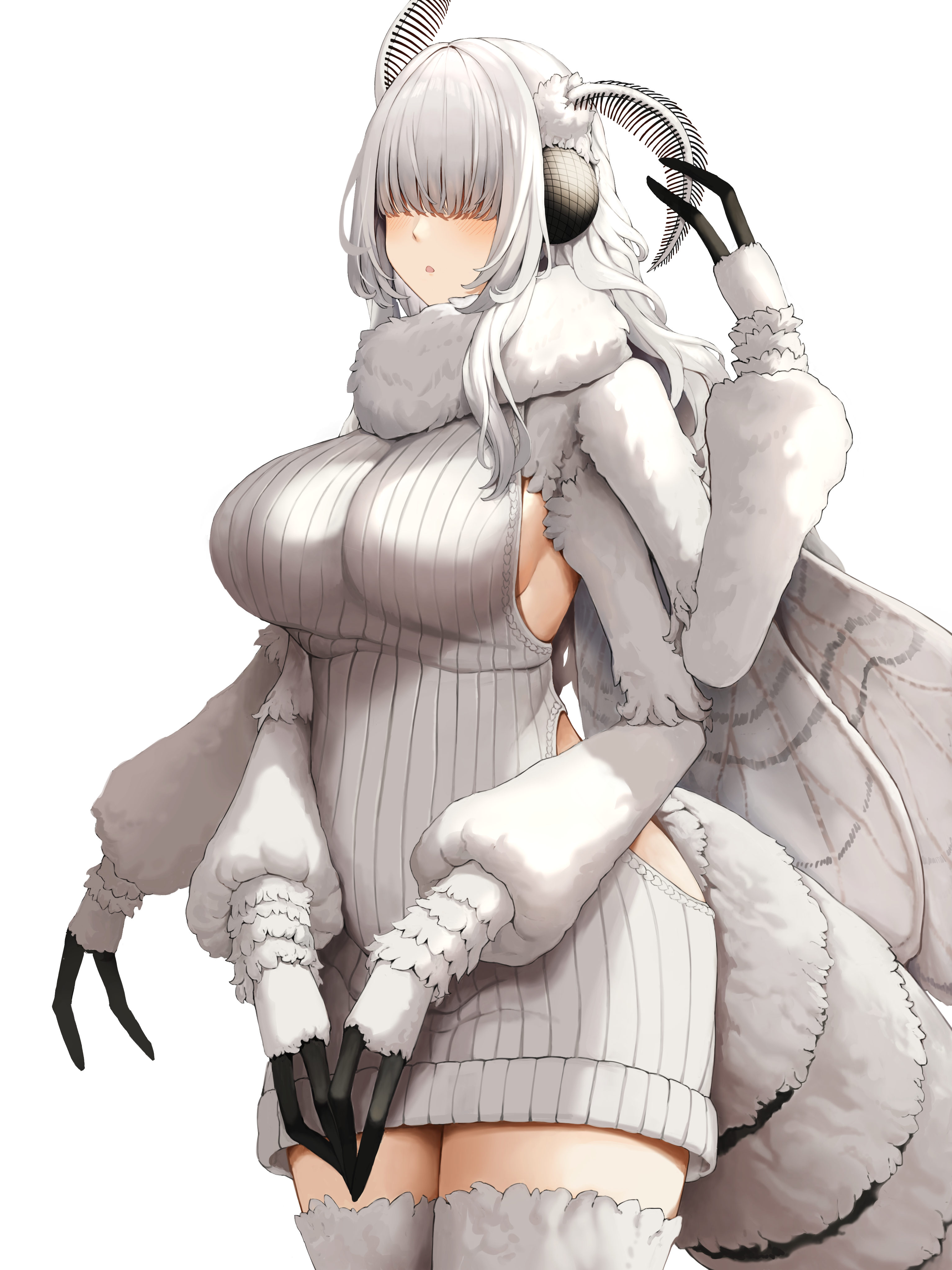 shengxiu de pige, original, absurdres, highres, 1girl, arthropod girl, breasts, bug, extra arms, grey hair, hair over eyes, insect girl, insect wings, large breasts, monster girl, moth girl, moth wings, sideboob, solo, sweater, thighhighs, white hair, wings, zettai ryouiki