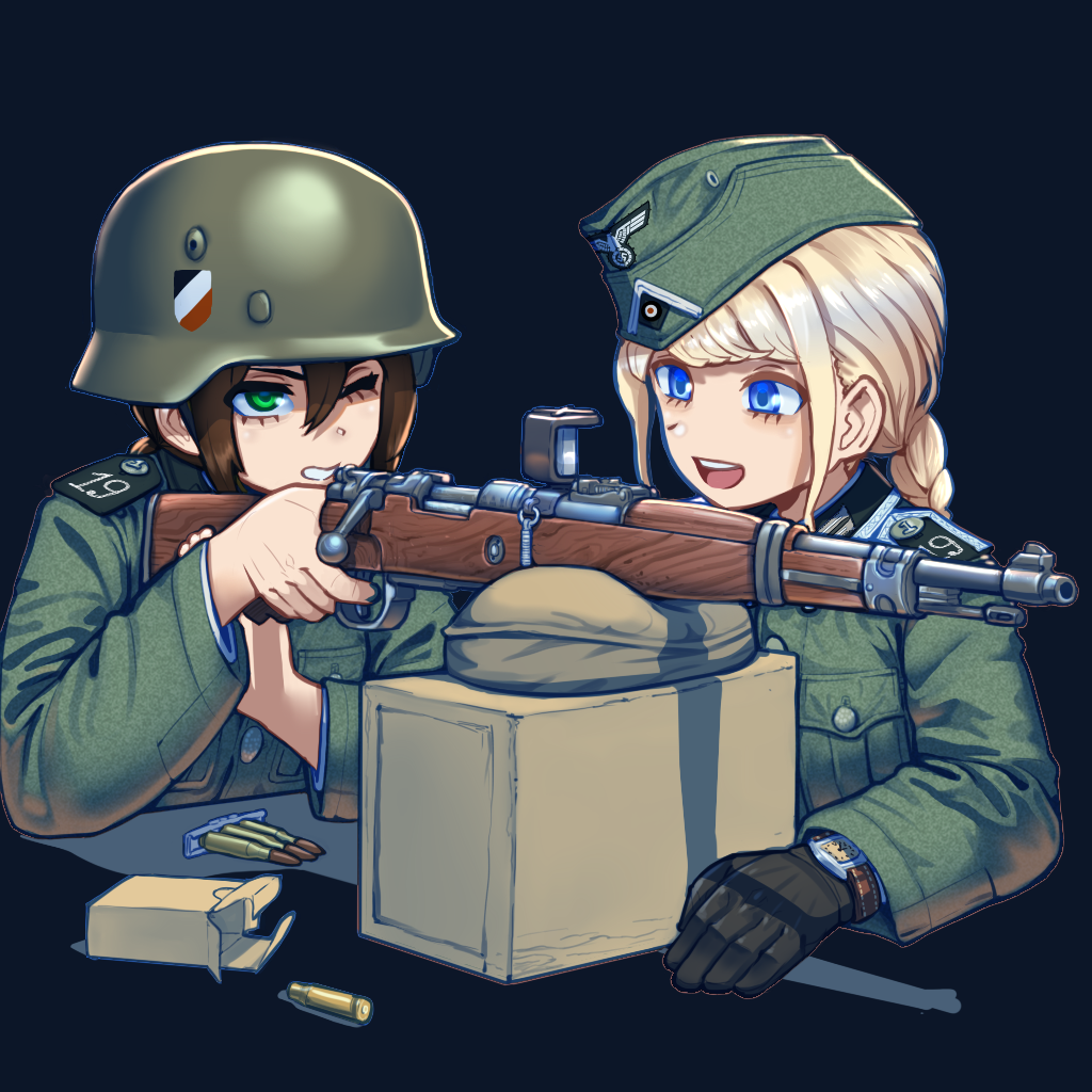 erica (naze1940), original, 2girls, aiming, black gloves, blonde hair, blue eyes, bolt action, braid, brown hair, clenched teeth, combat helmet, epaulettes, gloves, green eyes, gun, helmet, long hair, looking at another, mauser 98, military, military uniform, multiple girls, one eye closed, open mouth, rifle, stahlhelm, teeth, weapon, world war ii