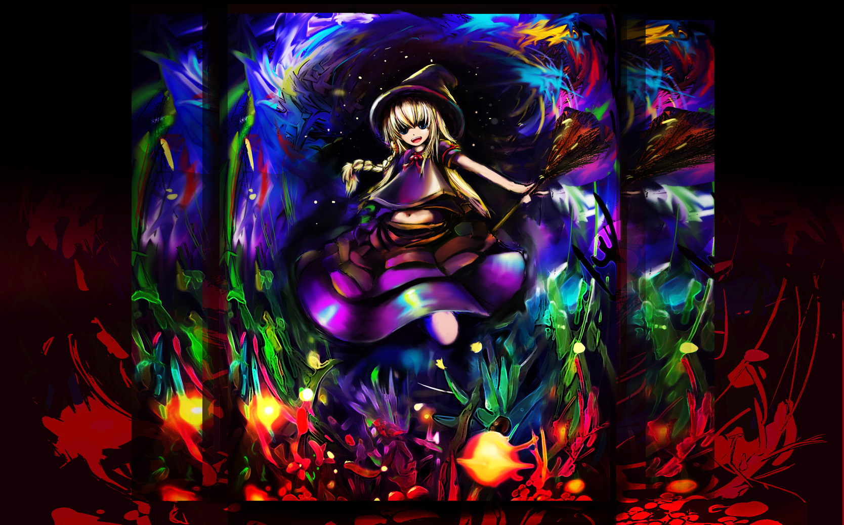 australia.exe (artist), kirisame marisa, touhou, highres, 1girl, :i, blonde hair, blush, dress, female focus, full body, hat, layered dress, long hair, long sleeves, looking at viewer, open mouth, purple dress, shaded face, solo, very long hair