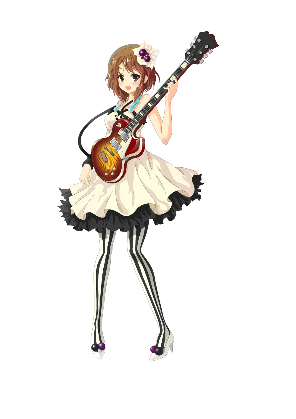 klamp, hirasawa yui, don't say "lazy", k-on!, bad id, bad pixiv id, highres, 00s, 1girl, brown eyes, brown hair, electric guitar, female focus, full body, gibson les paul, guitar, instrument, legs, pantyhose, short hair, simple background, solo, striped clothes, striped pantyhose, vertical-striped clothes, vertical-striped pantyhose, white background