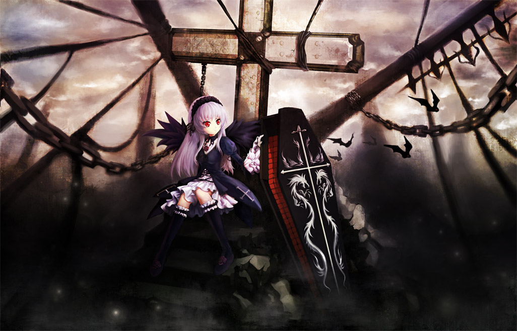 klamp, suigintou, rozen maiden, silver hair, bad id, bad pixiv id, 00s, chain, coffin, cross, dress, gothic lolita, hairband, lolita fashion, long hair, red eyes, solo, wings