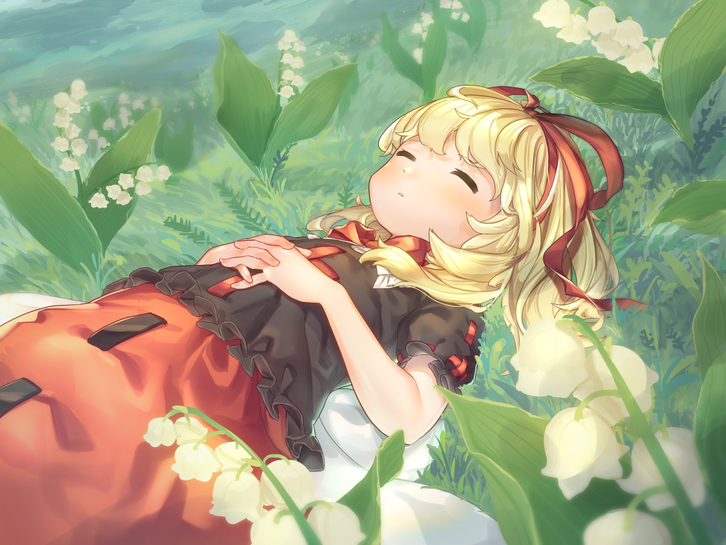 wankosoba (wanwan soba), medicine melancholy, touhou, commentary, 1girl, bare arms, black shirt, blonde hair, blush, bow, bowtie, flower, frilled shirt collar, frills, grass, hair ribbon, hands on own stomach, interlocked fingers, lily of the valley, lying, on back, outdoors, own hands together, red bow, red bowtie, red ribbon, red skirt, ribbon, shirt, short sleeves, skirt, sleeping, solo, white flower