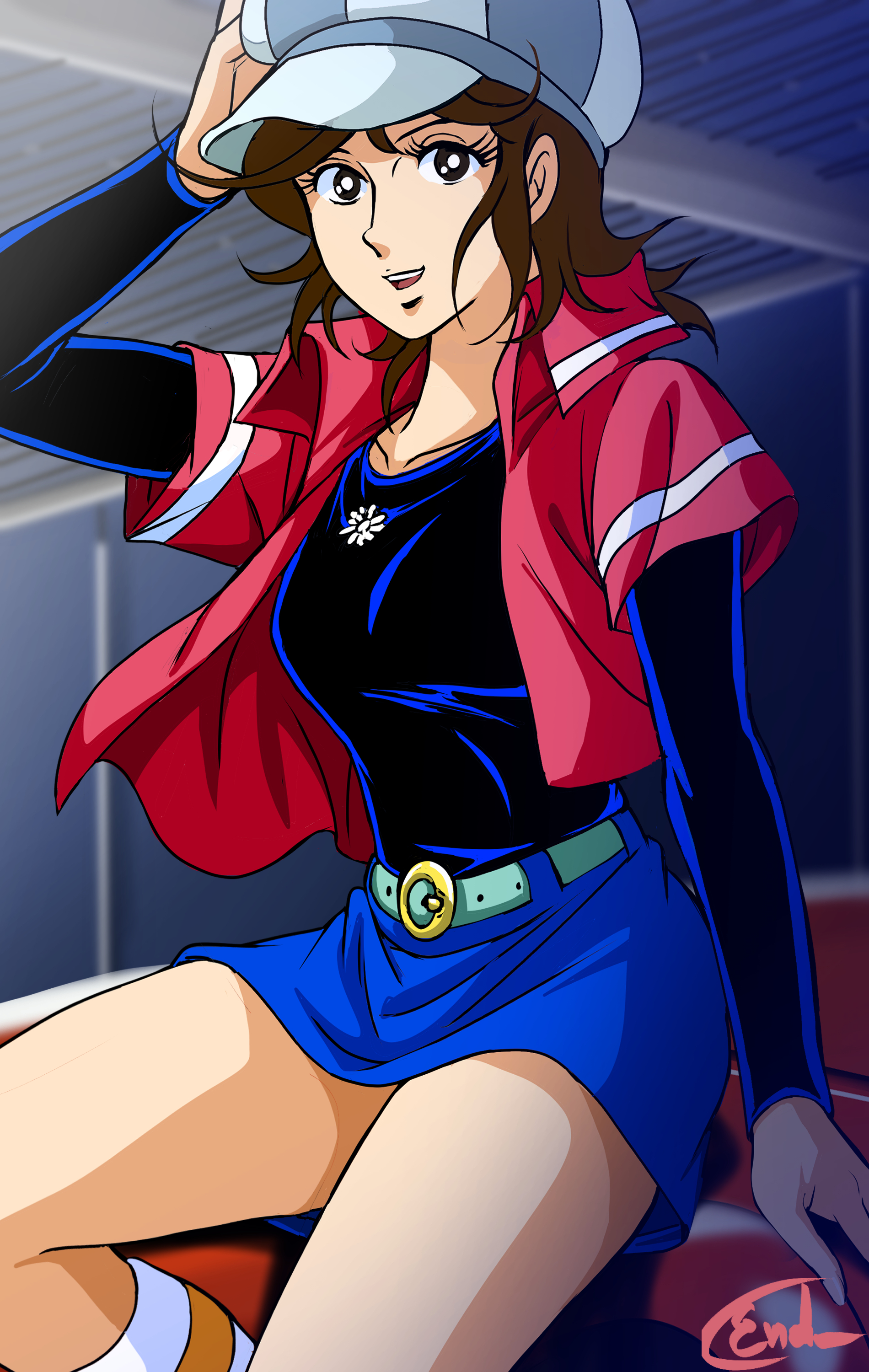 masaaki endo, ouse suzuko, absurdres, commentary request, highres, 1girl, arm up, arrow emblem grand prix no taka, artist name, belt, belt buckle, black eyes, black shirt, blue belt, blue hat, blue skirt, brown hair, buckle, hand on headwear, hat, jacket, layered sleeves, long sleeves, looking at viewer, miniskirt, newsboy cap, open clothes, open jacket, open mouth, pink jacket, shirt, short hair, short over long sleeves, short sleeves, sitting, skirt, smile, socks, solo, teeth, upper teeth only, white socks