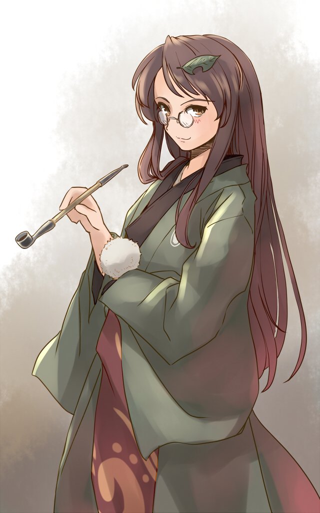 rangycrow, futatsuiwa mamizou, futatsuiwa mamizou (human), kesaran pasaran, touhou, commentary request, 1girl, :3, blush, brown background, brown eyes, brown hair, feet out of frame, green kimono, hair ornament, hand up, holding, holding smoking pipe, japanese clothes, kimono, leaf hair ornament, long hair, looking at viewer, one-hour drawing challenge, round eyewear, sideways glance, smoking pipe, solo