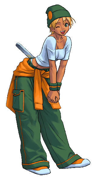 pupa salgueiro, rage of the dragons, snk, official art, 1girl, blonde hair, brazil, cargo pants, clothes around waist, dark-skinned female, dark skin, female focus, green eyes, hat, midriff, open mouth, panties, pants, shirt, short hair, smile, solo, sweater, sweater around waist, t-shirt, transparent background, underwear, wrench
