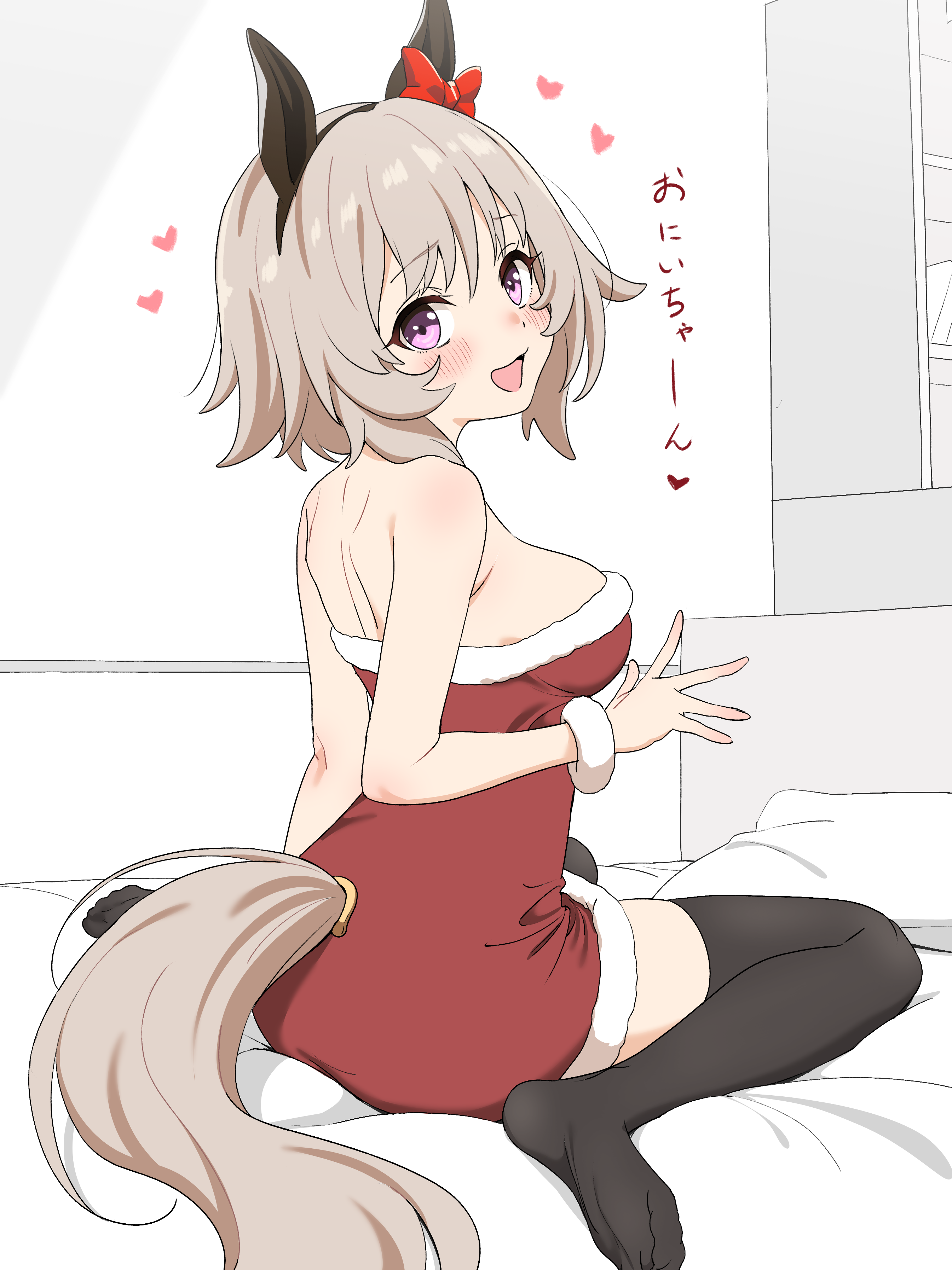 sincos, curren chan (umamusume), umamusume, absurdres, highres, 1girl, animal ears, bed sheet, black thighhighs, blush, bow, breasts, dress, ear bow, ear covers, grey hair, grey tail, horse ears, horse girl, horse tail, looking at viewer, medium breasts, on bed, open mouth, purple eyes, red bow, red dress, santa costume, santa dress, short hair, smile, solo, tail, thighhighs, thighs
