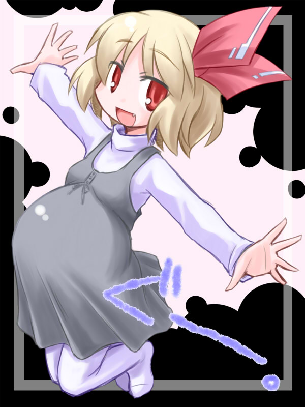 kugelschreiber, rumia, embodiment of scarlet devil, touhou, 1girl, blonde hair, female focus, hair ribbon, pantyhose, pregnant, red eyes, ribbon, short hair, solo