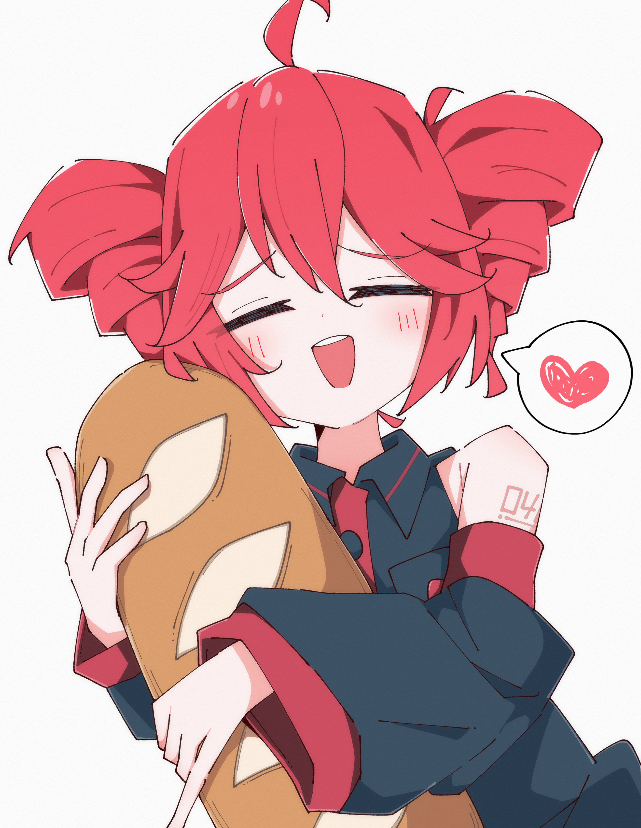 kei (k eii0), kasane teto, kasane teto (utau), utau, absurdres, highres, 1girl, ahoge, baguette, bread, detached sleeves, drill hair, food, grey shirt, happy, heart, red hair, shirt, smile, spoken heart, twin drills