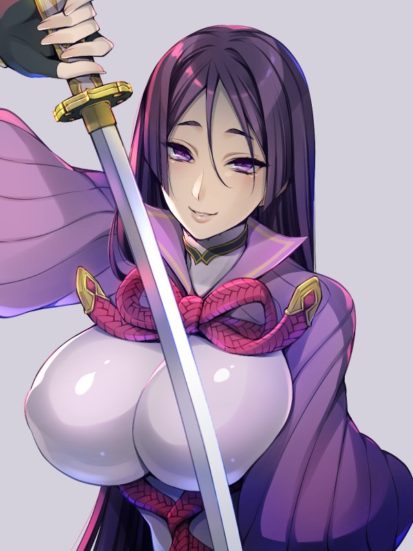 7dango7, minamoto no raikou (fate), fate/grand order, fate (series), 1girl, armor, black gloves, bodysuit, breasts, elbow gloves, fingerless gloves, gloves, japanese armor, katana, kote, large breasts, long hair, looking at viewer, minamoto no raikou (second ascension) (fate), parted bangs, purple bodysuit, purple eyes, purple hair, ribbed sleeves, rope, smile, solo, sword, very long hair, weapon