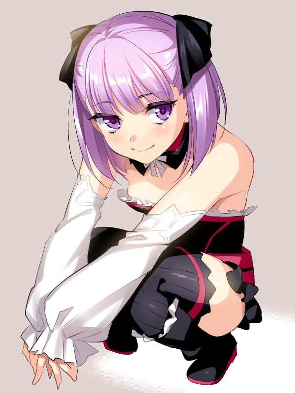 7dango7, helena blavatsky (fate), fate/grand order, fate (series), 1girl, bare shoulders, black dress, black thighhighs, breasts, detached collar, detached sleeves, dress, hair ribbon, looking at viewer, purple eyes, purple hair, ribbon, short dress, short hair, small breasts, smile, squatting, thighhighs, white sleeves