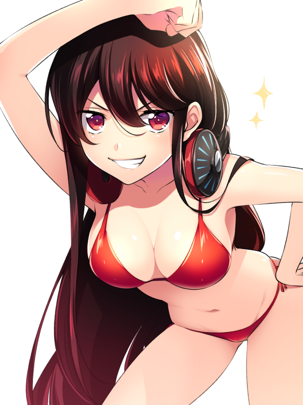 7dango7, oda nobunaga (fate), oda nobunaga (swimsuit berserker) (fate), fate/grand order, fate (series), 1girl, arm up, bare shoulders, bikini, black hair, blush, breasts, cleavage, grin, headphones, headphones around neck, leaning forward, long hair, looking at viewer, medium breasts, navel, red bikini, red eyes, smile, solo, sparkle, swimsuit