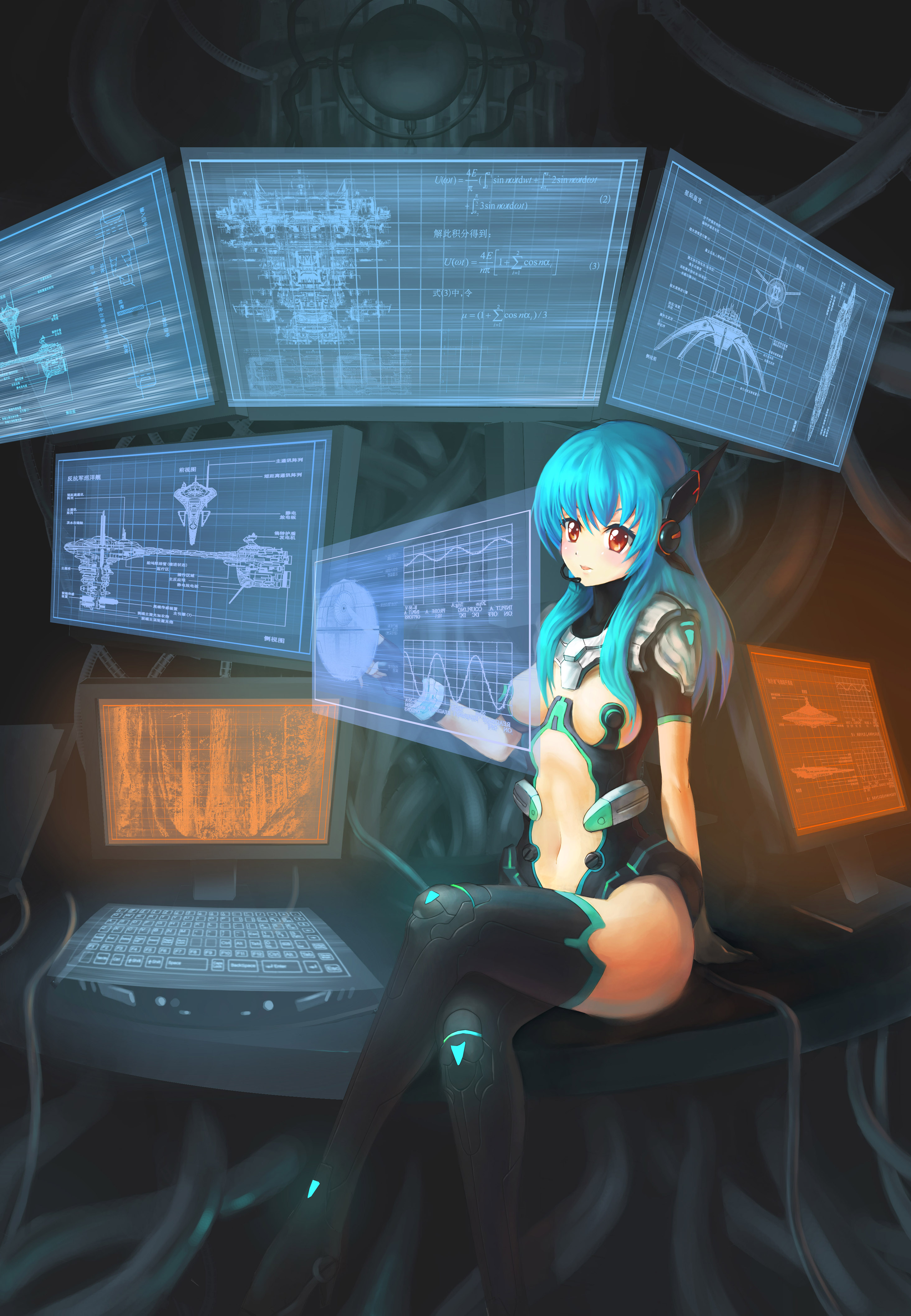 klamp, death star, original, star wars, absurdres, bad id, bad pixiv id, highres, 1girl, aqua hair, blush, boots, chinese text, computer keyboard, crossed legs, female focus, fingerless gloves, gloves, headset, legs, lips, long legs, monitor, navel, red eyes, science fiction, sitting, solo, thigh boots, thighhighs, thighs, world devastator