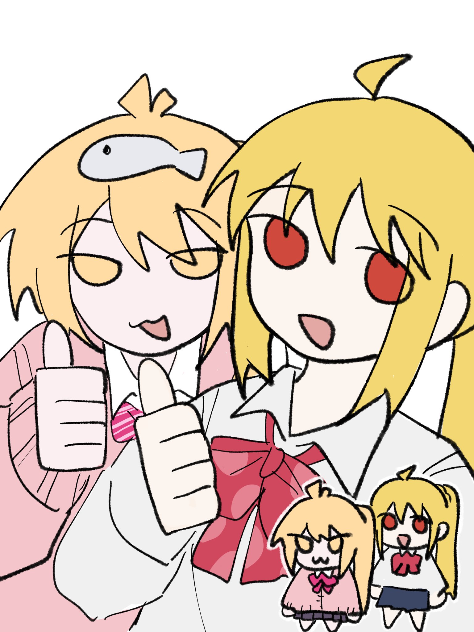 akita neru, ijichi nijika, bocchi the rock!, vocaloid, zako (vocaloid), highres, 2girls, ahoge, antenna hair, blonde hair, chibi, citrus (ccitrus0), fish, multiple girls, red eyes, school uniform, side ponytail, yellow eyes