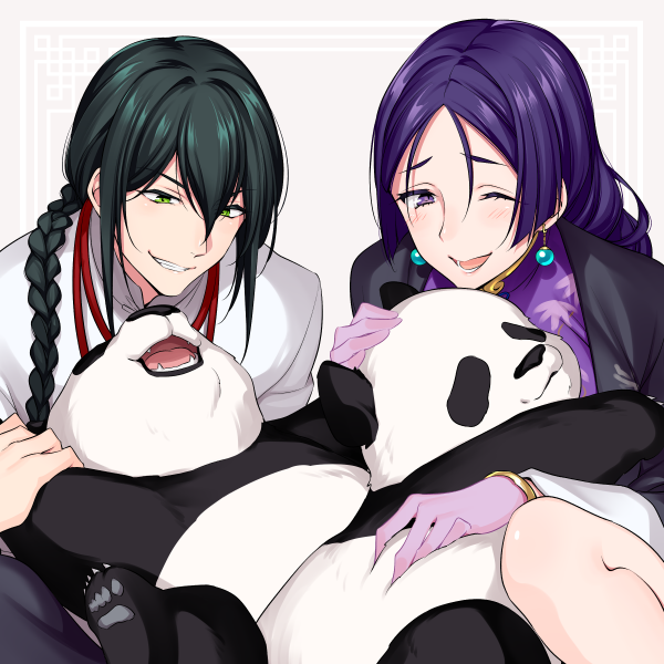 7dango7, minamoto no raikou (fate), minamoto no raikou (traveling outfit) (fate), yan qing (fate), yan qing (traveling outfit) (fate), fate/grand order, fate (series), 1boy, 1girl, black hair, black jacket, black pants, blush, braid, braided ponytail, breasts, china dress, chinese clothes, dress, earrings, gloves, grin, hair between eyes, jacket, jewelry, large breasts, leaf print, long hair, long sleeves, necklace, one eye closed, open mouth, panda, pants, parted bangs, purple dress, purple eyes, purple gloves, purple hair, shirt, smile, sphere earrings, very long hair, white shirt