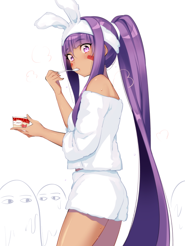 7dango7, medjed (fate), nitocris (fate), fate/grand order, fate (series), haagen-dazs, 1girl, bare shoulders, blush, breasts, dark-skinned female, dark skin, eating, facepaint, facial mark, food, hairband, high ponytail, ice cream, long hair, looking at viewer, medium breasts, off shoulder, ponytail, purple eyes, purple hair, shirt, short sleeves, shorts, sidelocks, thighs, very long hair, white shirt, white shorts