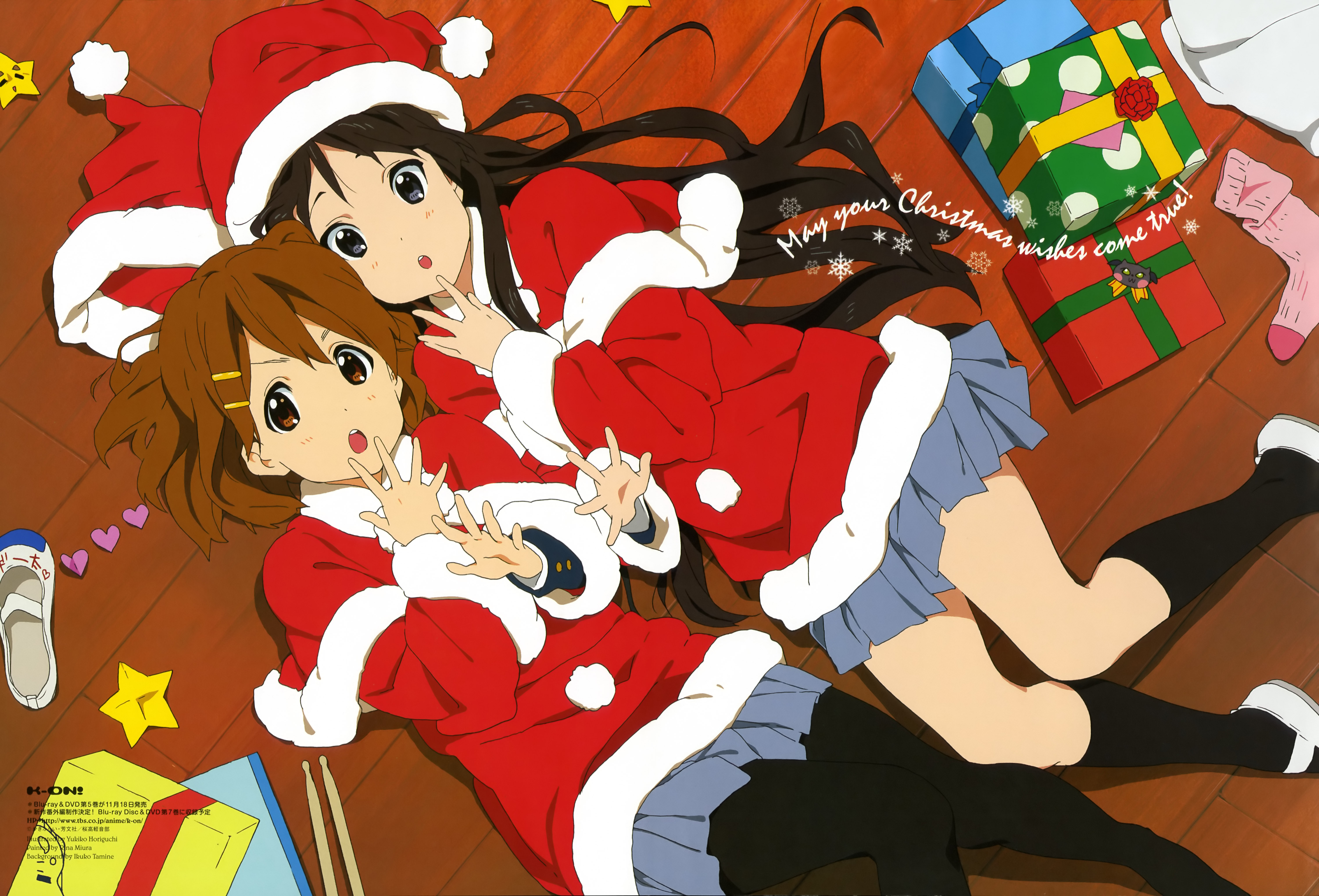 horiguchi yukiko, akiyama mio, hirasawa yui, animage, k-on!, absurdres, highres, official art, scan, 00s, 2girls, black eyes, black hair, brown eyes, brown hair, christmas, gift, hat, long hair, multiple girls, open mouth, palms, pantyhose, santa costume, santa hat, short hair, skirt, socks, spread fingers, very long hair