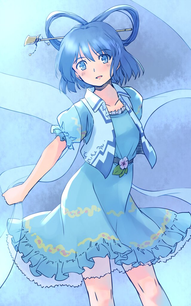 rangycrow, kaku seiga, touhou, commentary request, 1girl, belt, black belt, blue dress, blue eyes, blue hair, blue vest, blush, chisel, collarbone, collared vest, dress, feet out of frame, frilled dress, frills, hagoromo, hair ornament, hair rings, holding, holding ribbon, knees, looking at viewer, medium hair, one-hour drawing challenge, open mouth, ribbon, see-through ribbon, shawl, solo, vest