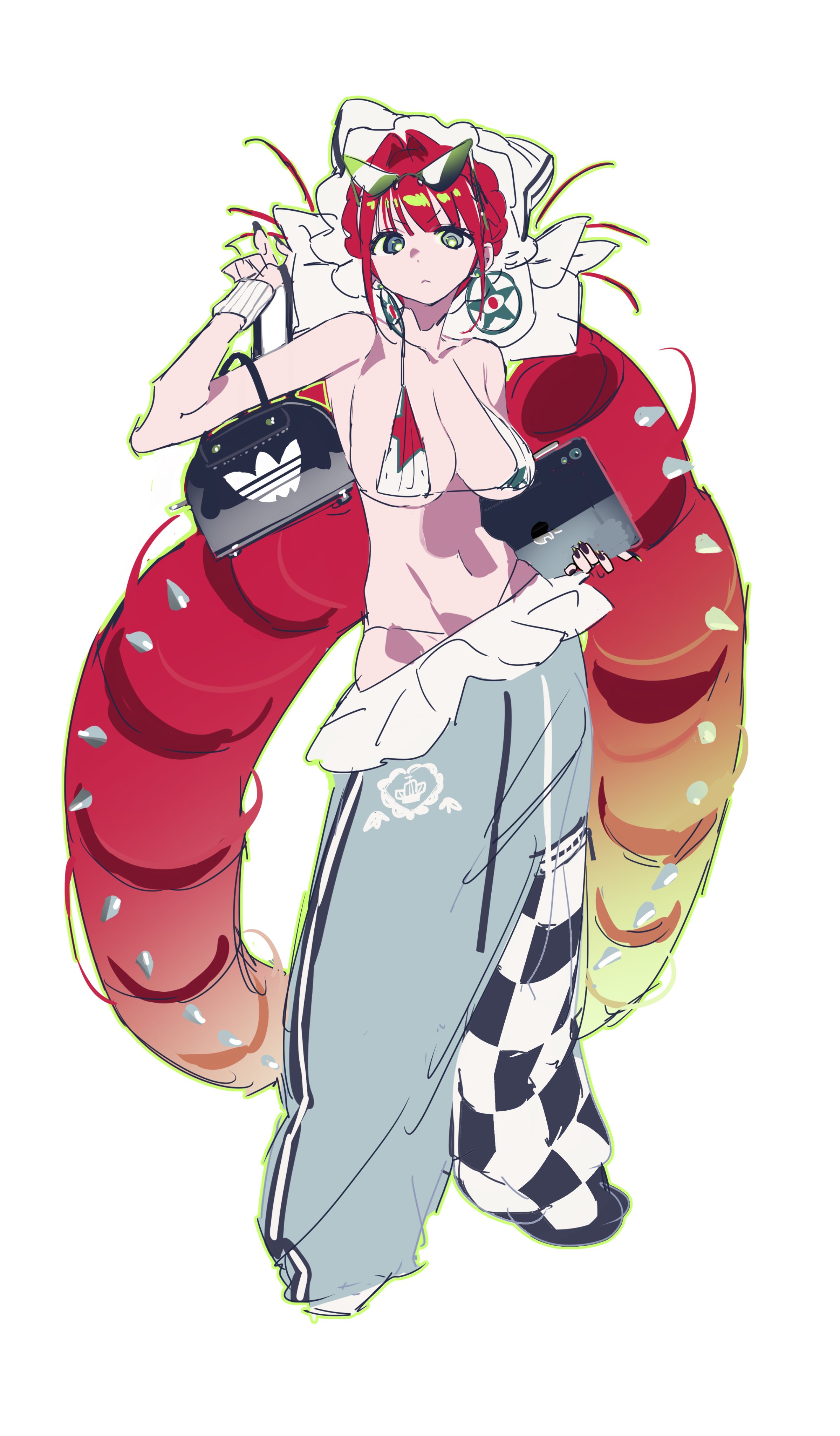 2pineapplepizza, tagme, 1girl, bikini, breasts, groin, large breasts, long hair, pants, red hair, sunglasses, swimsuit