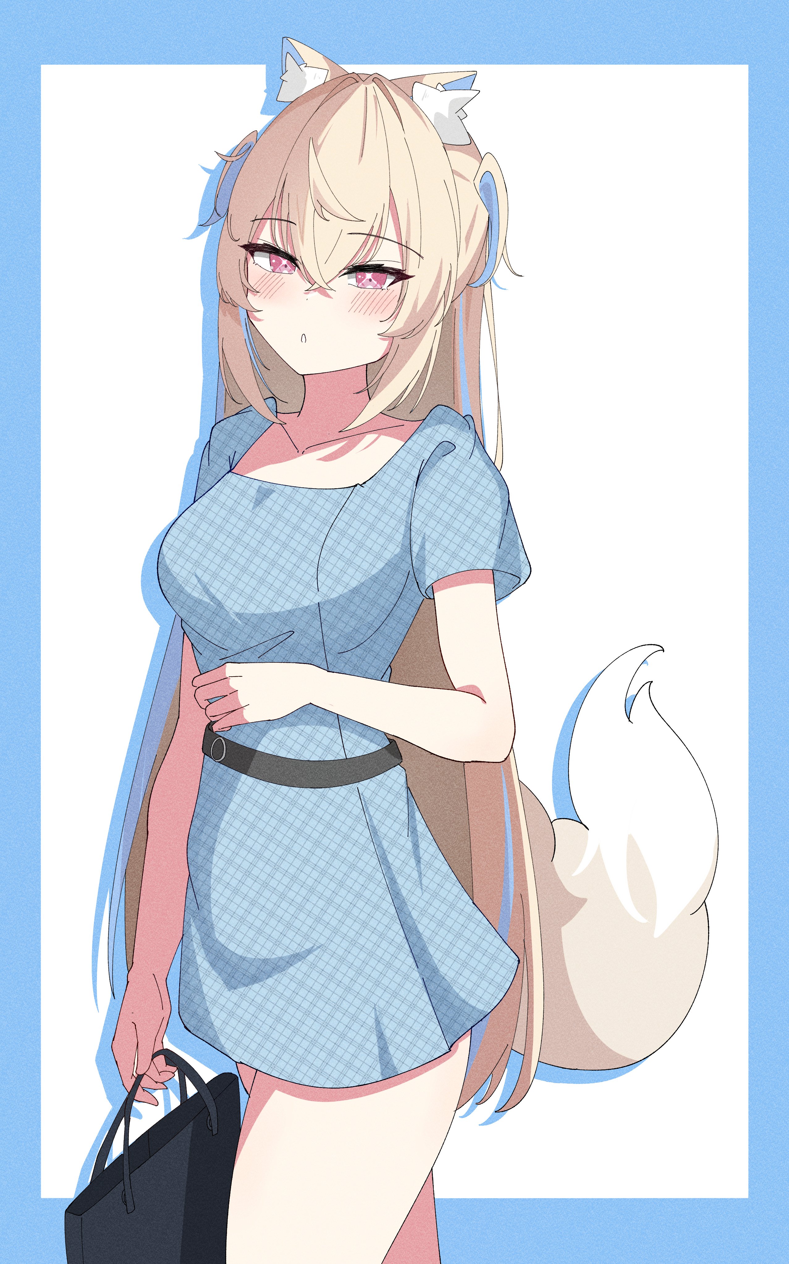 sasaki ikuya, fuwawa abyssgard, hololive, hololive english, absurdres, highres, 1girl, alternate costume, animal ear fluff, animal ears, bag, blonde hair, blue dress, blue streaks, blush, closed mouth, dog ears, dog girl, dog tail, dress, handbag, holding, holding bag, looking at viewer, multicolored hair, pink eyes, solo, streaked hair, tail, two side up, virtual youtuber