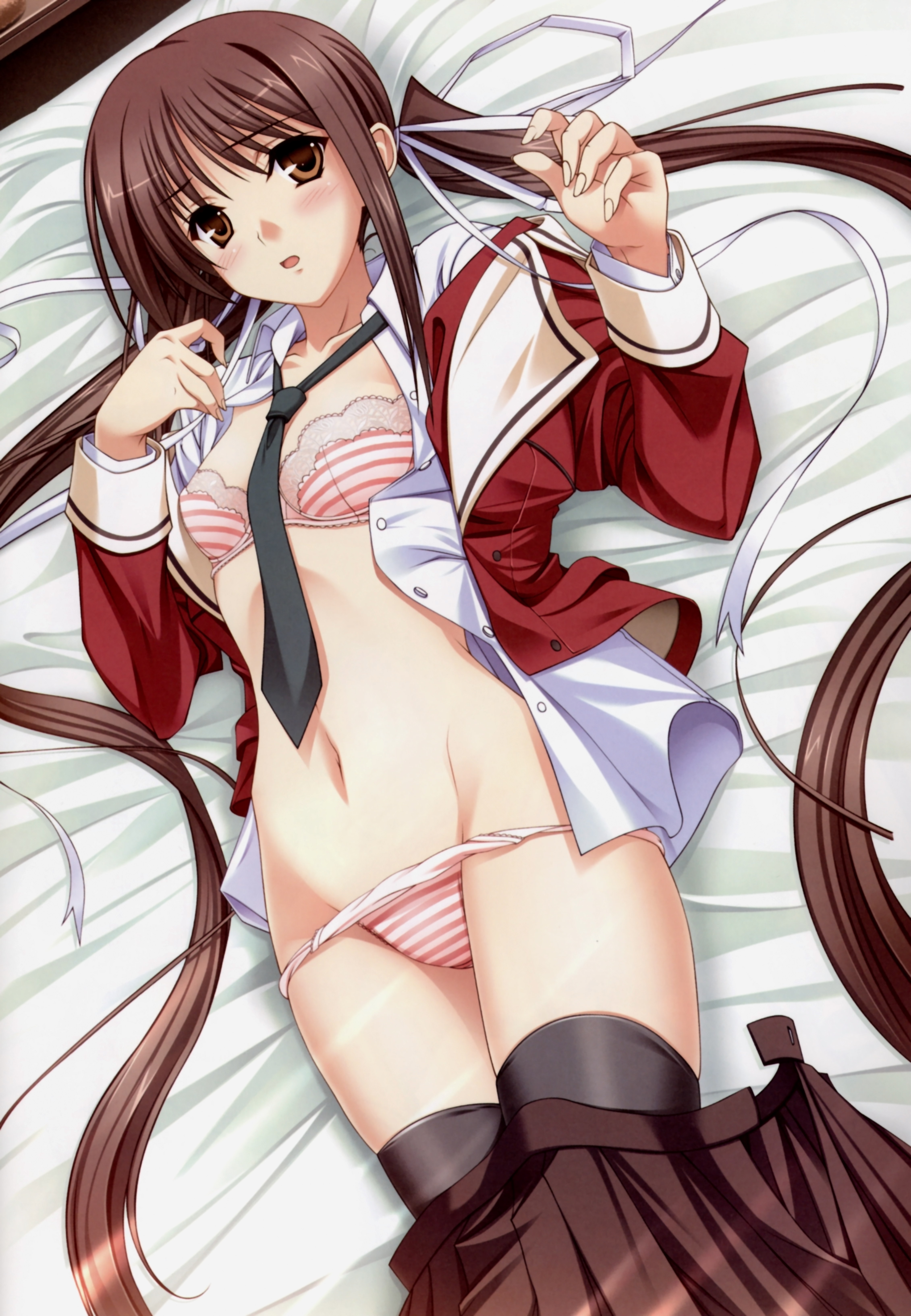 komori kei, houjouin seika, princess lover, absurdres, highres, 1girl, bed, bed sheet, black thighhighs, blush, bra, brown eyes, brown hair, clothes pull, female focus, flat chest, groin, hair ribbon, lingerie, long hair, lying, navel, necktie, on back, open clothes, open mouth, open shirt, panties, panty pull, ribbon, school uniform, shirt, skirt, skirt pull, solo, striped bra, striped clothes, striped panties, thighhighs, twintails, underwear, undressing, very long hair