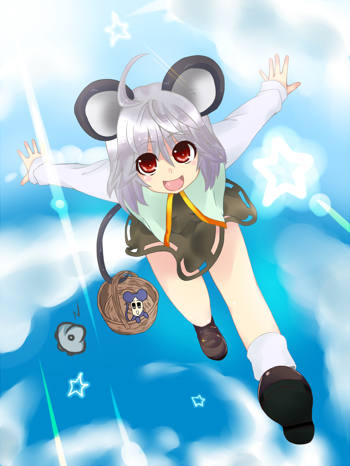 fuyunohajime, nazrin, touhou, bad id, bad pixiv id, highres, 1girl, animal ears, basket, cloud, female focus, full body, grey hair, mouse (animal), mouse ears, outdoors, red eyes, shoes, short hair, sky, socks, solo, star (symbol), tail