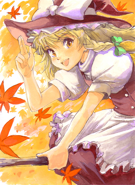 hirokazu, kirisame marisa, touhou, 1girl, blonde hair, braid, broom, broom riding, female focus, hat, solo, witch, witch hat, yellow eyes