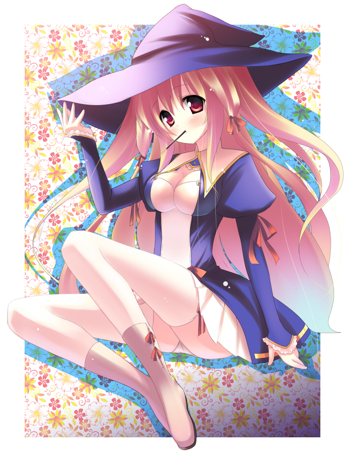 usume shirou, original, 1girl, blush, breasts, cleavage, female focus, flower, food, full body, hat, medium breasts, mouth hold, pink hair, pocky, red eyes, sitting, skirt, solo, thighhighs, witch hat