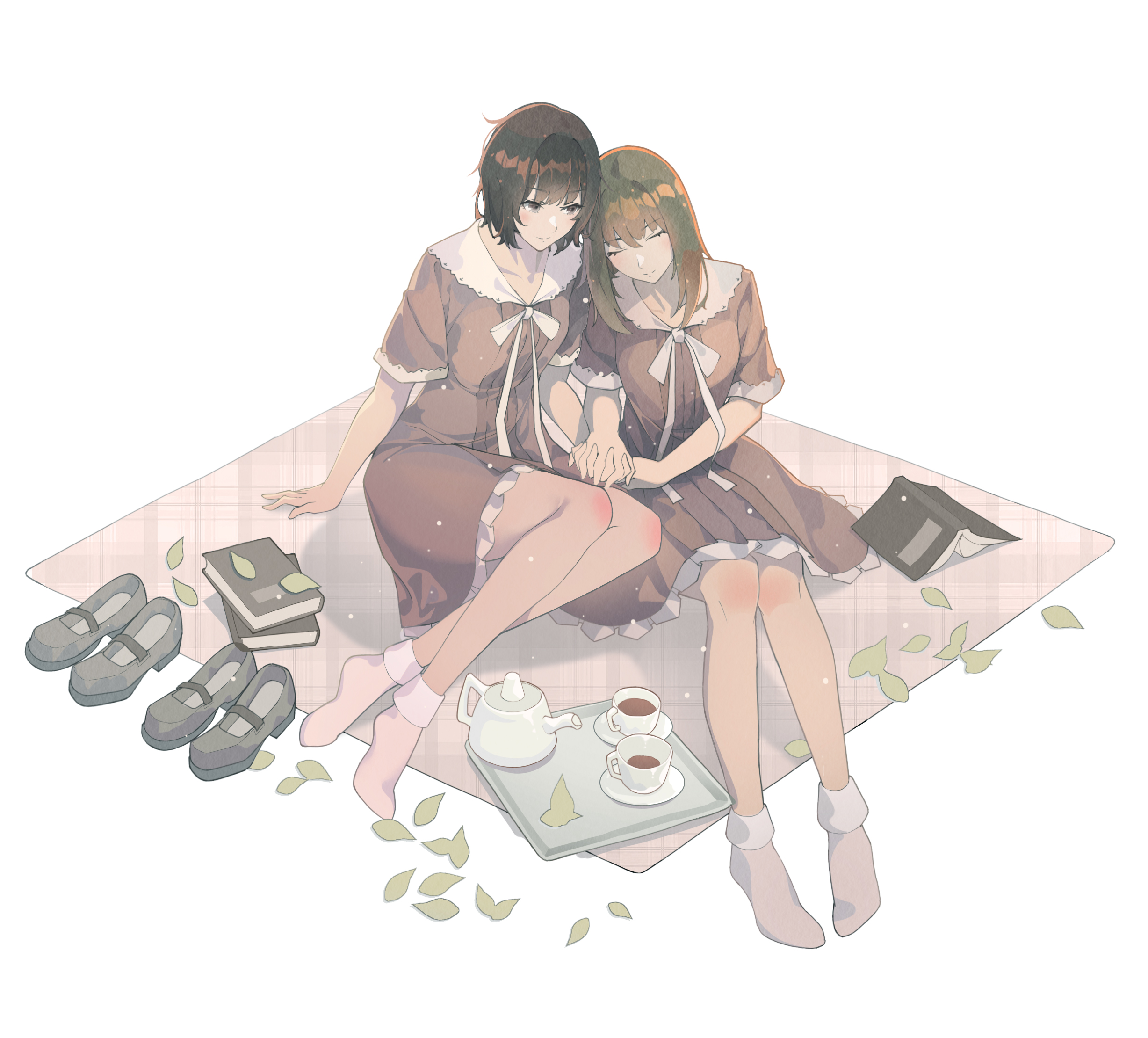 takasaki chidori, yaegaki erika, flowers (innocent grey), highres, 2girls, ayako (dfl), black hair, blanket, blush, book, brown dress, brown eyes, brown hair, closed eyes, closed mouth, cup, dress, holding hands, leaf, leaning on person, long hair, medium hair, multiple girls, ribbon, shoes, short hair, short sleeves, simple background, sitting, sleeping, smile, socks, tea, teacup, teapot, tray, unworn shoes, white background, white ribbon, white socks, yuri