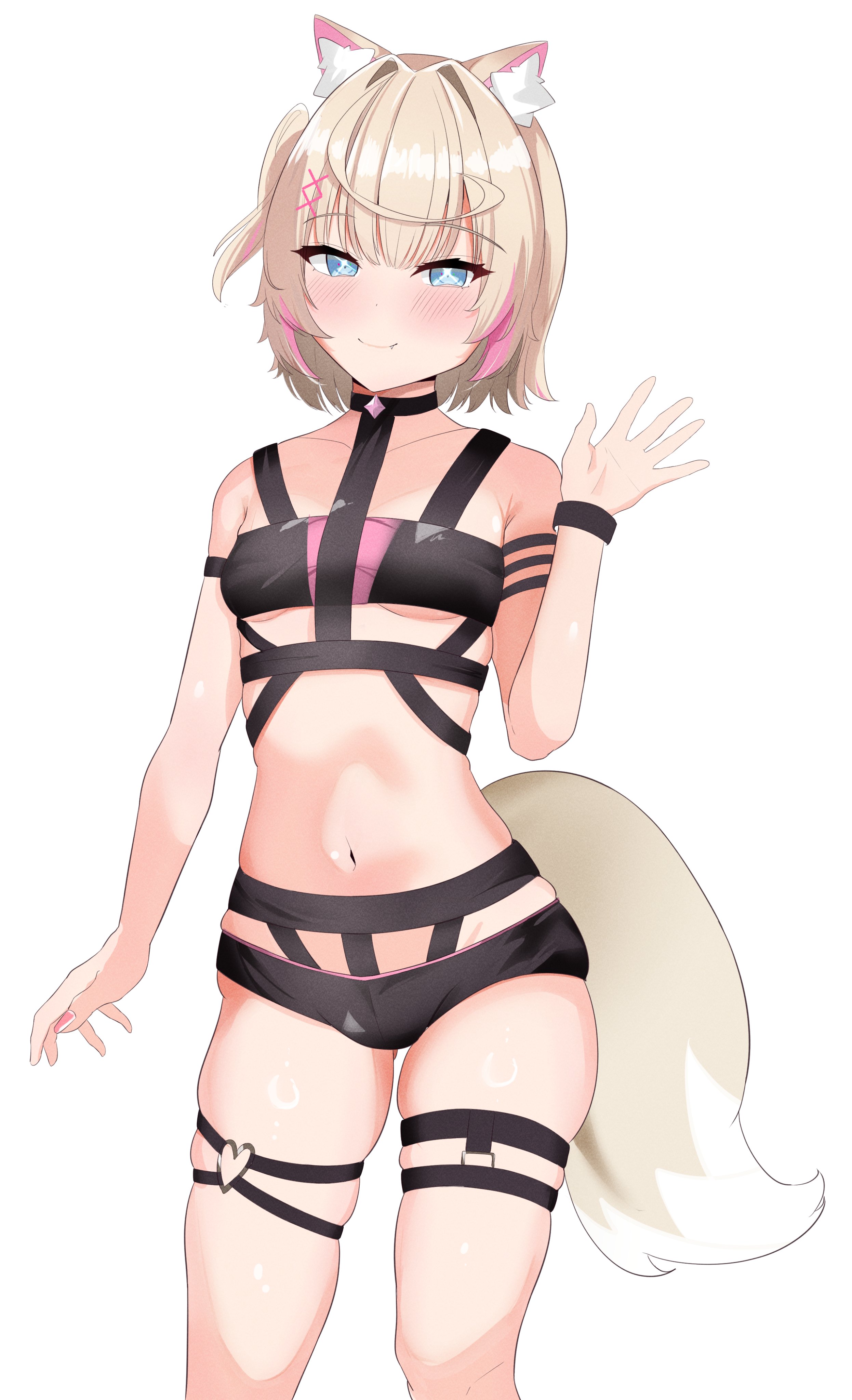 sasaki ikuya, mococo abyssgard, mococo abyssgard (holonatsu paradise), hololive, hololive english, absurdres, highres, 1girl, animal ear fluff, animal ears, bikini, black bikini, black choker, blonde hair, blue eyes, blush, choker, closed mouth, dog ears, dog girl, dog tail, fang, hair ornament, heart, heart o-ring, looking at viewer, multicolored hair, o-ring, o-ring thigh strap, official alternate costume, one side up, pink streaks, short hair, smile, solo, streaked hair, swimsuit, tail, thigh strap, virtual youtuber, x hair ornament