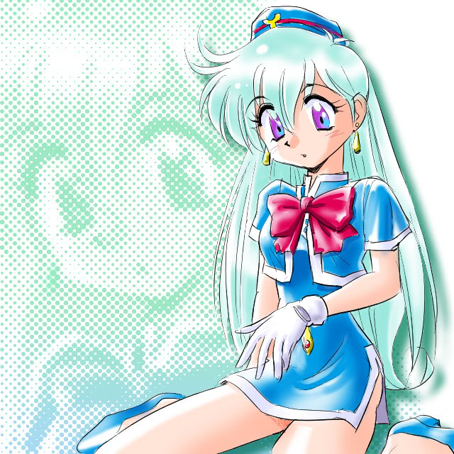 tenjouin katsura, yat anshin uchuu ryokou, tagme, 1990s (style), blue hair, dress, flight attendant, legs, long hair, miniskirt, retro artstyle, short dress, skirt, thighs, travel attendant