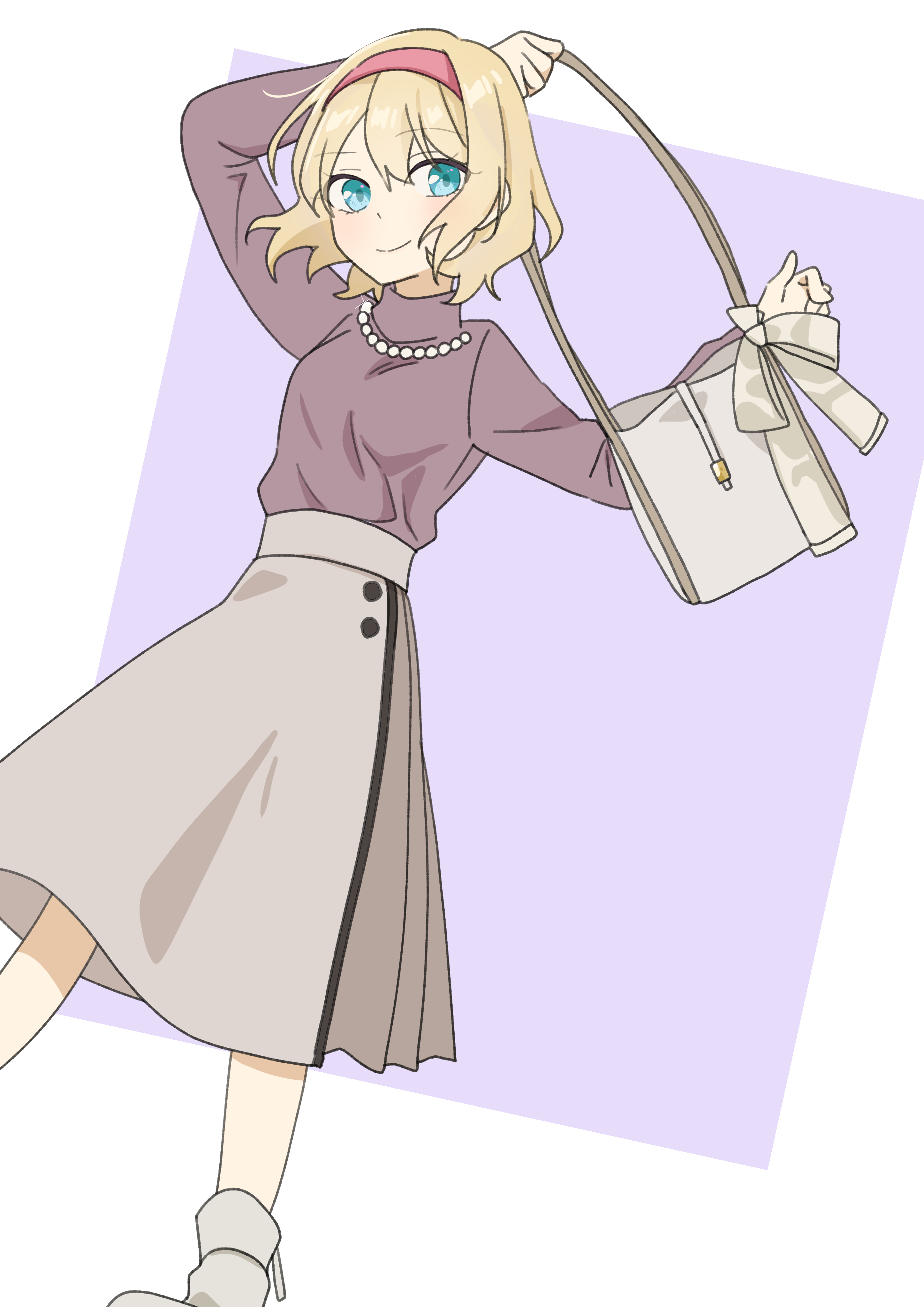 tsuno no hito, alice margatroid, touhou, absurdres, commentary request, highres, 1girl, alternate costume, bag, blonde hair, blue eyes, brown skirt, brown sweater, closed mouth, contemporary, hairband, holding, holding bag, jewelry, looking at viewer, necklace, pearl necklace, pink hairband, skirt, smile, solo, sweater