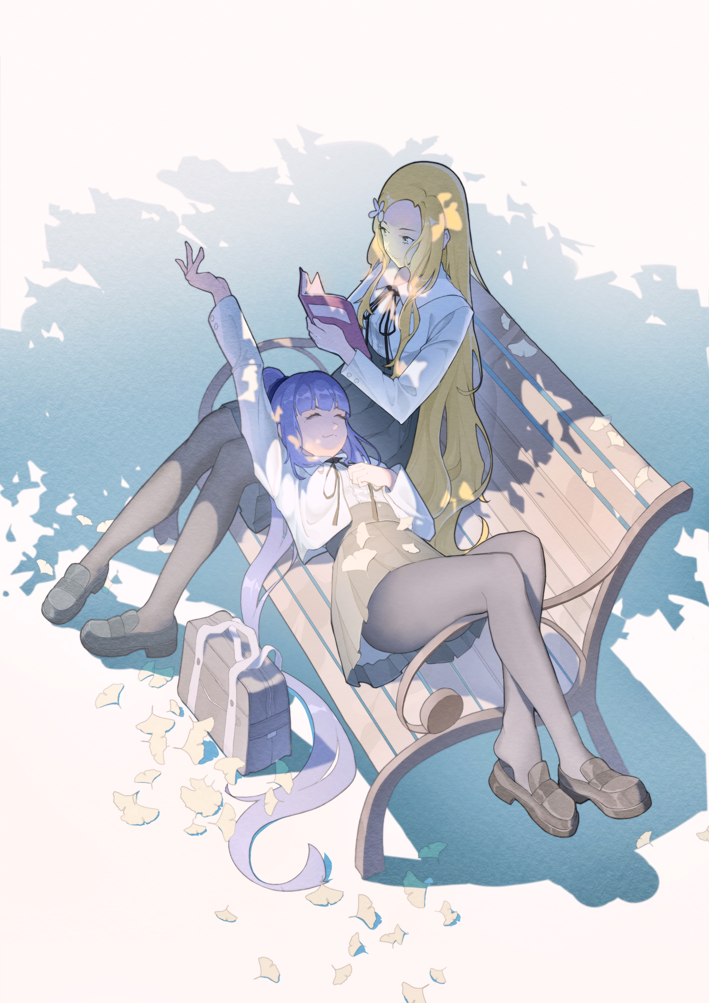 komikado nerine, yatsushiro yuzuriha, flowers (innocent grey), absurdres, highres, 2girls, arm up, ayako (dfl), bag, bench, black ribbon, black skirt, blonde hair, blue hair, blunt bangs, book, brown skirt, buttons, closed eyes, closed mouth, collared shirt, crossed legs, dappled sunlight, falling leaves, flower, forehead, full body, ginkgo leaf, hair flower, hair ornament, hand on own chest, high-waist skirt, high ponytail, holding, holding book, lap pillow, leaf, loafers, long hair, long sleeves, looking at another, lying, multiple girls, neck ribbon, on back, on bench, open book, outstretched arm, pantyhose, park bench, parted bangs, pleated skirt, ponytail, purple hair, reading, ribbon, school bag, school uniform, shadow, shirt, shoes, sidelocks, sitting, skirt, sleeping, smile, sunlight, suspender skirt, suspenders, tree shade, very long hair, white flower, white shirt, yuri