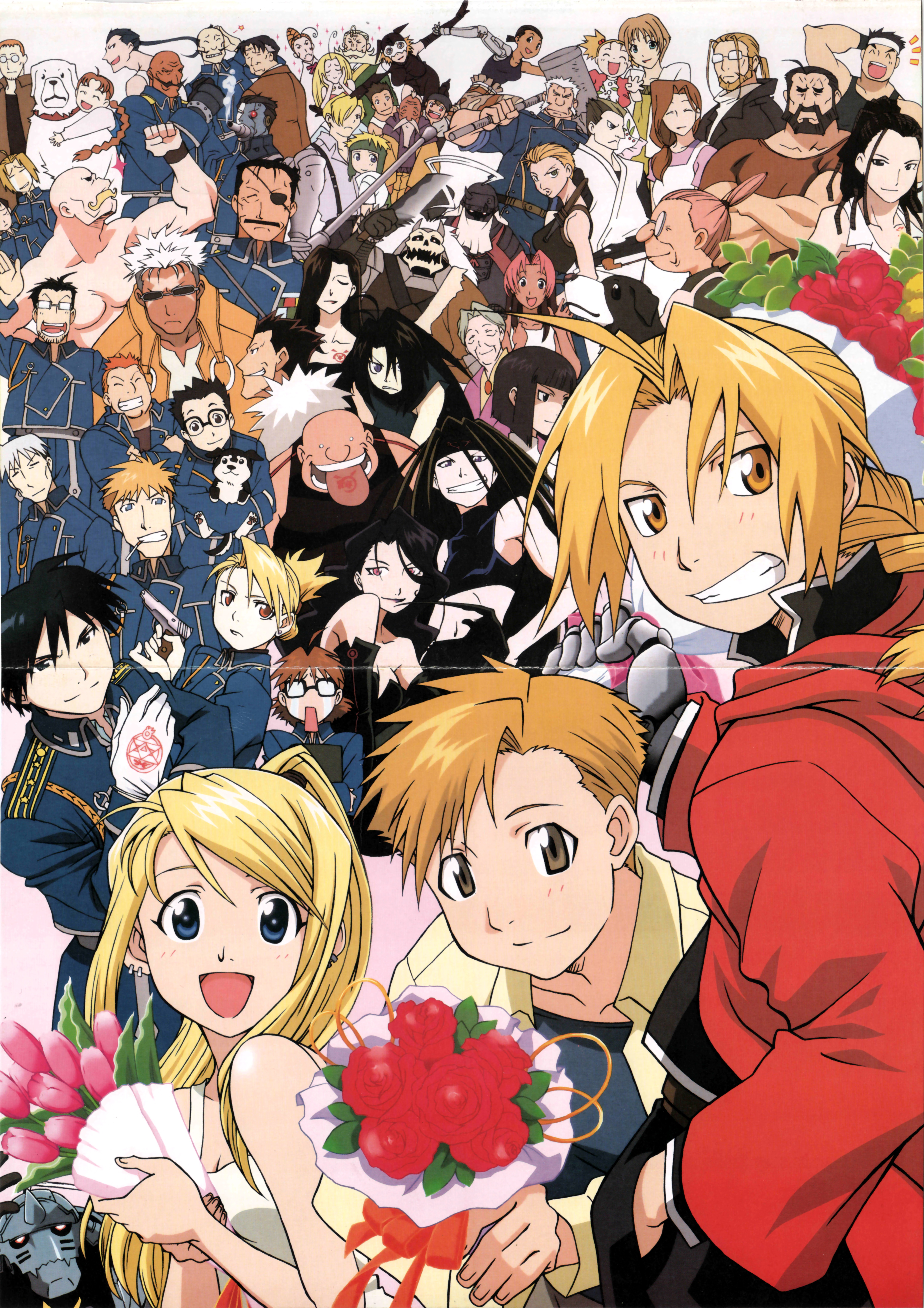 alex louis armstrong, alexander (fma), alphonse elric, barry the chopper, basque gran, black hayate, catherine armstrong, catherine elle armstrong, dante (fma), den (fma), denny brosh, dolcetto (fma), edward elric, elicia hughes, envy (fma), fletcher tringham, frank archer, gluttony (fma), gracia hughes, greed (fma), heymans breda, ishbal elder, ishval elder, izumi curtis, jean havoc, juliet douglas, kain fuery, king bradley, leo (fma), lieutenant yoki, lust (fma), lyra (fma), maes hughes, maria ross, martel (fma), mason (fma), mrs. armstrong, nina tucker, paninya (fma), philip gargantos armstrong, pinako, pinako rockbell, pride (fma), rick (fma), riza hawkeye, roa (fma), rose thomas, rose tomas, roy mustang, russell tringham, scar (fma), sheska (fma), shou tucker, sig curtis, slicer brothers, sloth (fma), solf j. kimblee, tim marcoh, trisha elric, van hohenheim, vato falman, winry rockbell, wrath (fma), wrath curtis, fullmetal alchemist, homunculus, absurdres, annotated, highres, official art, scan, spoilers, 00s, 6+boys, 6+girls, absolutely everyone, blunt bangs, colored bangs, crease, dual persona, everyone, long hair, multiple boys, multiple girls, psiren (fma)