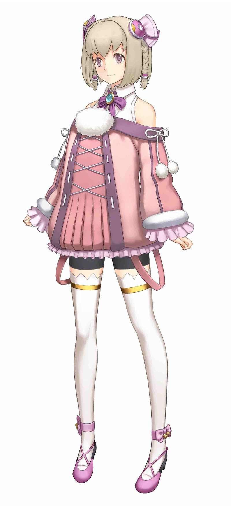 nagi ryou, saki (ar tonelico), ar tonelico, ar tonelico iii, gust, highres, official art, 00s, 1girl, bike shorts, blonde hair, bow, braid, dress, female focus, full body, hair ornament, pink eyes, short hair, simple background, smile, solo, thighhighs, twin braids, white background, white thighhighs