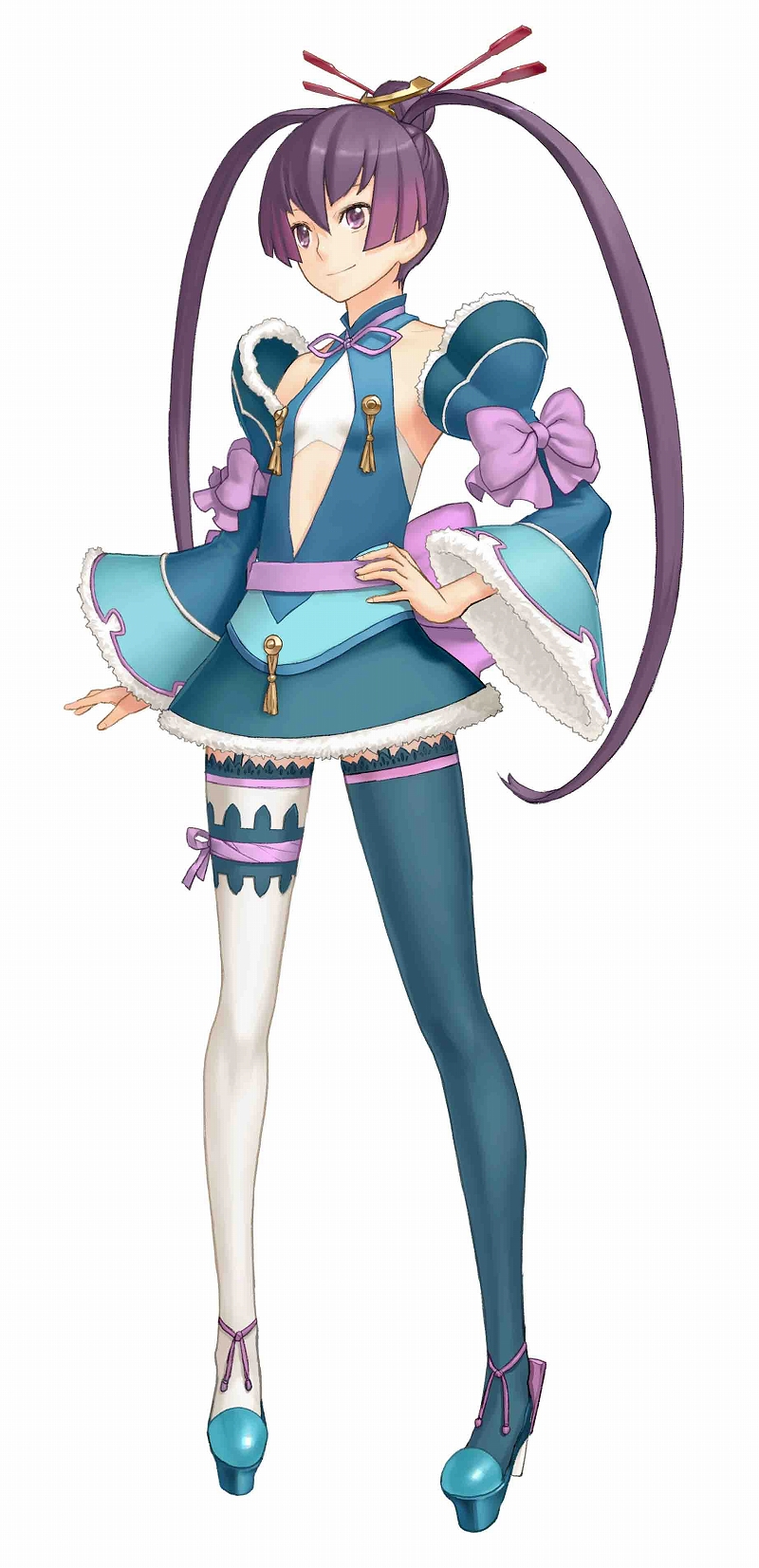 nagi ryou, finnel (ar tonelico), ar tonelico, ar tonelico iii, gust, lace-trimmed legwear, multicolored legwear, highres, official art, 00s, 1girl, asymmetrical legwear, blue thighhighs, bow, detached sleeves, female focus, flat chest, full body, hair bun, hair ornament, hand on own hip, hip focus, lace, lace trim, legs, long hair, mismatched legwear, purple eyes, purple hair, simple background, single hair bun, smile, solo, thighhighs, twintails, white background, zettai ryouiki