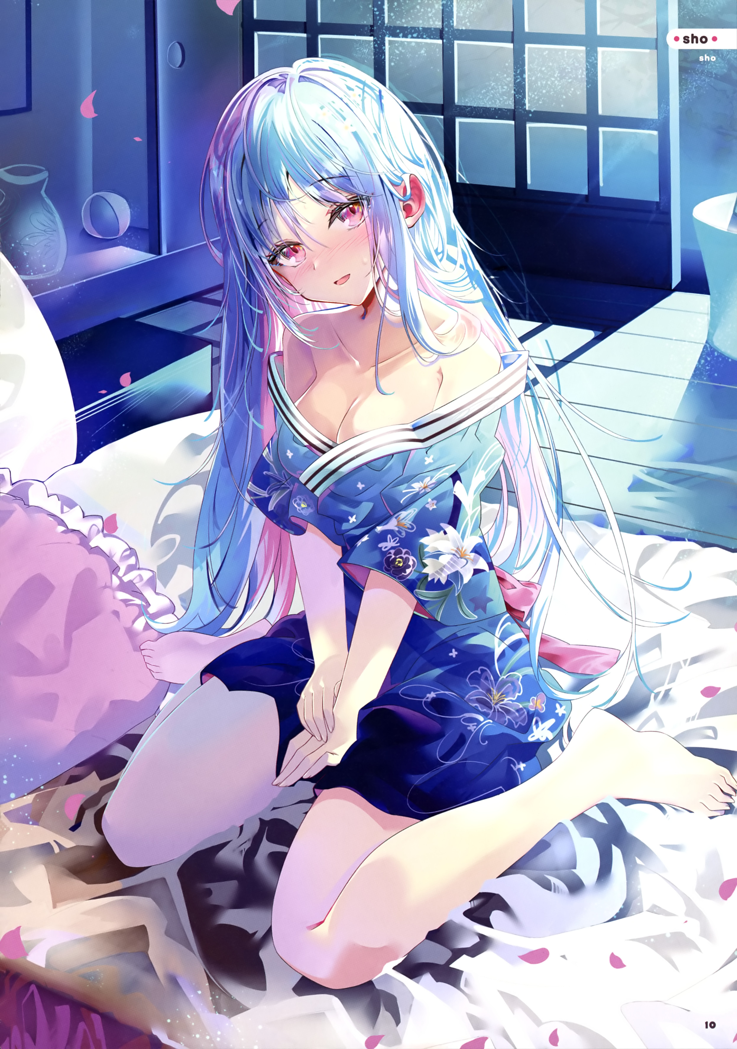 sho (runatic moon), dengeki moeoh, original, absurdres, highres, magazine scan, scan, third-party source, 1girl, :d, armpit crease, artist name, barefoot, blue hair, blue kimono, blush, breasts, cleavage, collarbone, falling petals, floral print, floral print kimono, futon, hair between eyes, head tilt, indoors, japanese clothes, kimono, kimono pull, long hair, looking at viewer, medium breasts, moonlight, multicolored hair, open mouth, own hands together, page number, petals, pillow, pink eyes, pink hair, pink petals, print kimono, shiny skin, short kimono, short sleeves, shouji, sitting, sliding doors, smile, solo, sweatdrop, two-tone hair, wariza, wooden floor