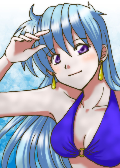 tenjouin katsura, yat anshin uchuu ryokou, tagme, 1990s (style), bikini, blue hair, blush, flight attendant, long hair, purple eyes, retro artstyle, smile, swimsuit, travel attendant