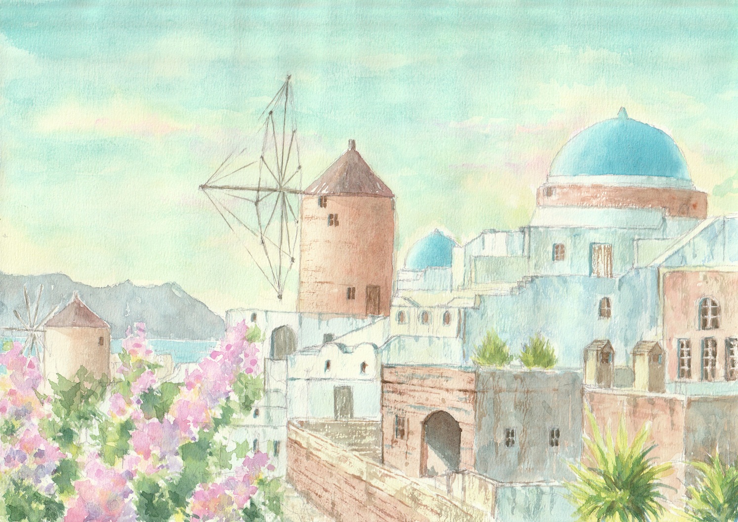 paruperu, original, commentary request, painting (medium), traditional media, watercolor (medium), architecture, blue sky, building, day, flower, greece, outdoors, pink flower, plant, real world location, santorini (greece), scenery, sky, town