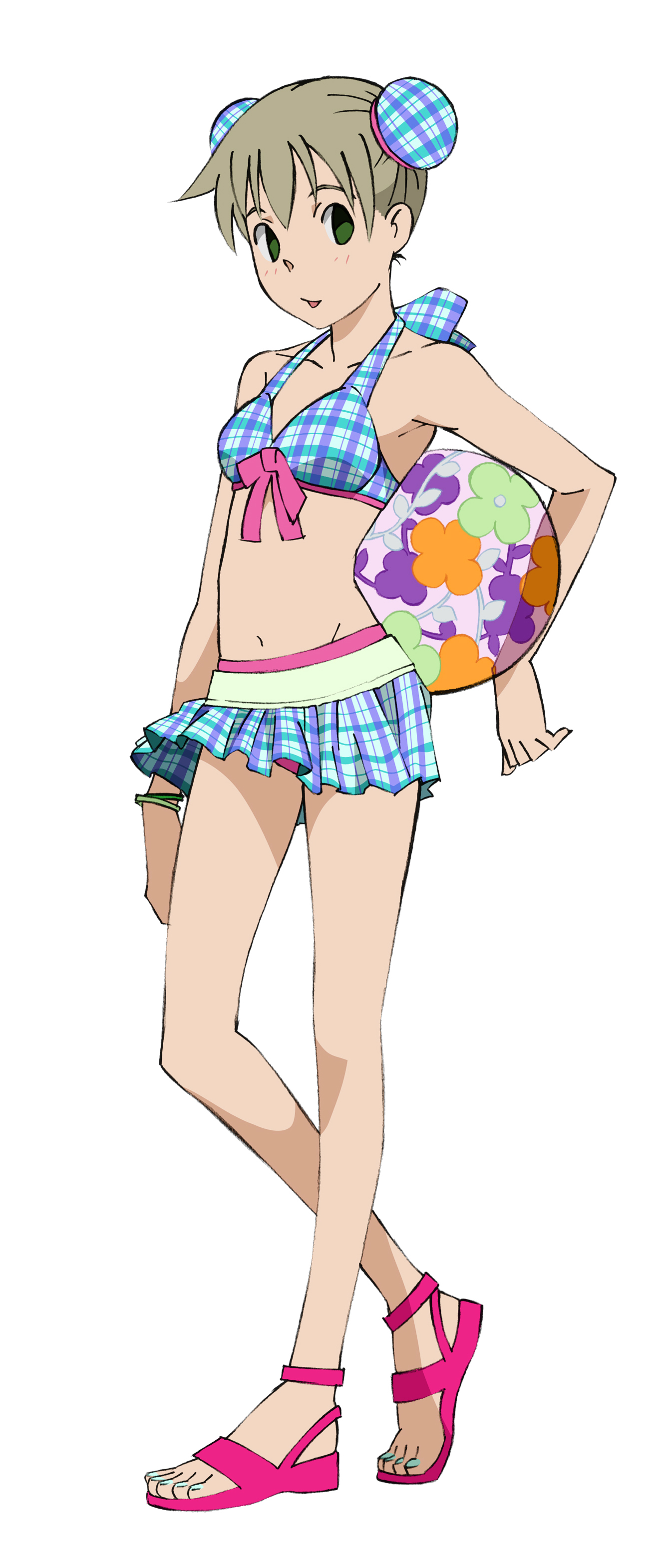 maka albarn, soul eater, absurdres, highres, 00s, 1girl, alternate hairstyle, aqua nails, ball, beachball, bikini, bikini top only, bun cover, double bun, female focus, green eyes, hair bun, legs, nail polish, sandals, solo, swimsuit