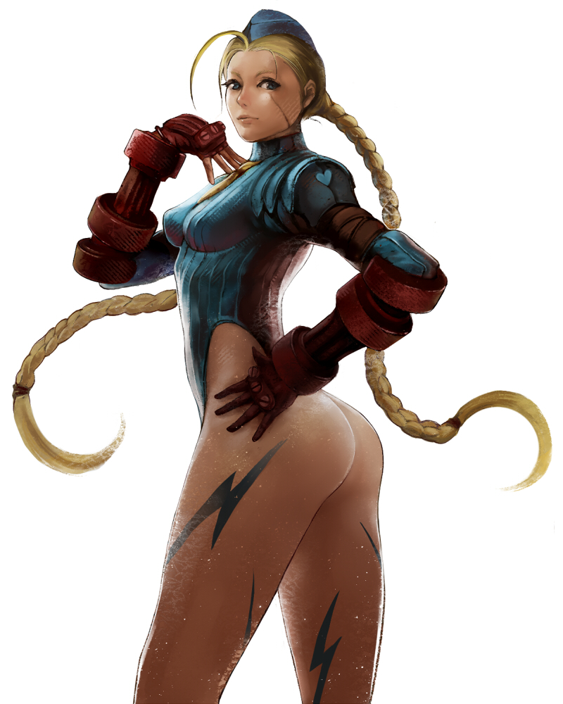 fuumi, fuumi (black), cammy white, capcom, street fighter, bad id, bad pixiv id, 1girl, ahoge, armband, armor, ass, backlighting, blonde hair, blue eyes, blue hat, blue leotard, braid, breasts, closed mouth, facial scar, female focus, fingerless gloves, floating hair, from side, garrison cap, gauntlets, gloves, hand on own chest, hand on own hip, hand up, hat, heart, highleg, highleg leotard, impossible clothes, impossible leotard, legs apart, leotard, lightning bolt symbol, lips, long hair, long sleeves, looking at viewer, looking back, medium breasts, military, military uniform, necktie, one-piece thong, panties, ribbed leotard, scar, scar on cheek, scar on face, screw, short necktie, shoulder pads, simple background, sleeved leotard, solo, standing, tattoo, thighs, thong, thong leotard, turtleneck, twin braids, underwear, very long hair, white background, yellow necktie