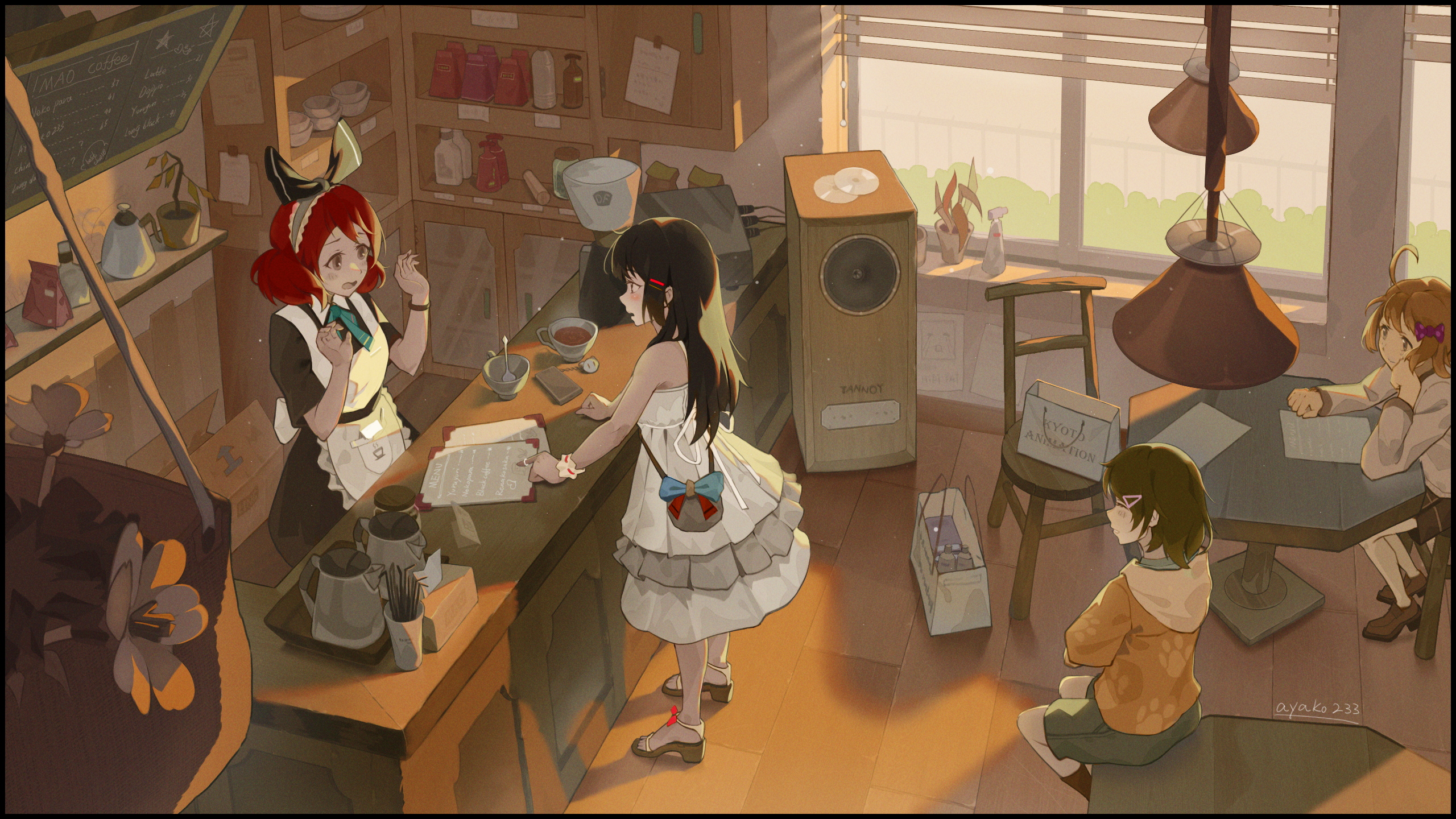 katou hazuki, kawashima sapphire, kousaka reina, nishikino maki, oumae kumiko, hibike! euphonium, kyoto animation, highres, 4girls, ahoge, apron, artist name, ayako (dfl), bar stool, bare shoulders, black dress, black hair, bow, brown hair, cabinet, cafe, cd, chair, chalkboard, clock, coffee pot, counter, cup, dress, drinking straw, from above, hair bow, hair ornament, hairclip, holding, indoors, kettle, kitchen, lamp, long hair, long sleeves, maid, maid apron, maid headdress, menu, menu board, multiple girls, on table, paper, pitcher (container), plant, plate, pointing, potted plant, purple eyes, ribbon, sandals, scenery, shelf, short hair, short sleeves, sitting, skirt, smile, speaker, standing, stool, sunlight, table, teacup, teapot, white dress, window, window blinds, wooden chair, wooden table