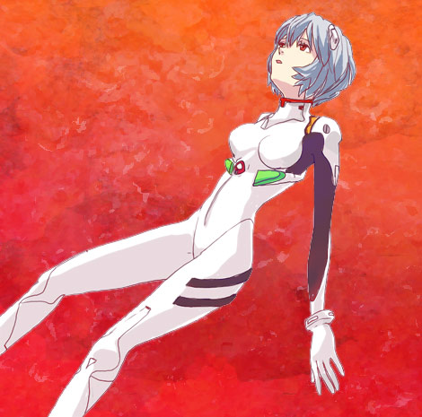 lrk, ayanami rei, neon genesis evangelion, silver hair, lowres, 1girl, :o, blue hair, bodysuit, bracer, breasts, dutch angle, female focus, gloves, hair between eyes, hair ornament, looking up, mecha pilot suit, open mouth, plugsuit (evangelion), red eyes, short hair, skinny, solo, turtleneck